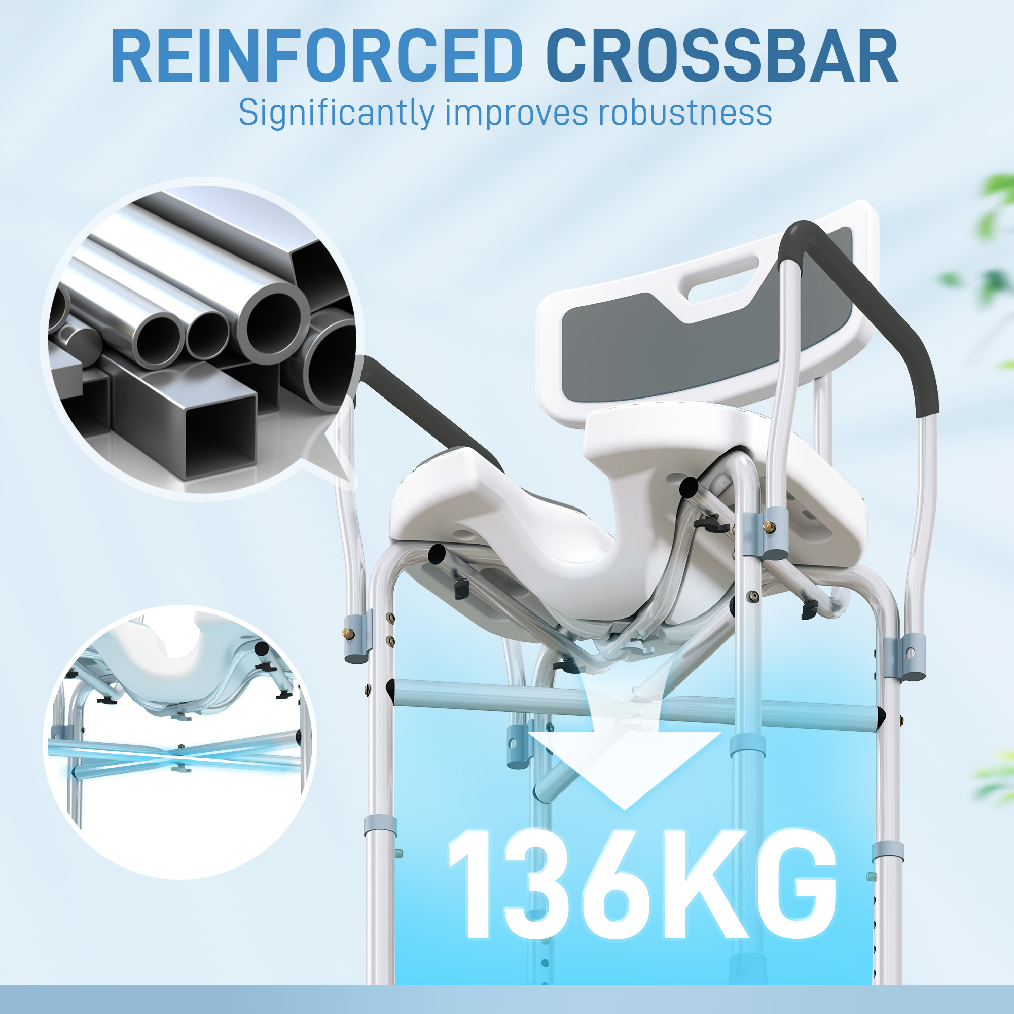 HOMCOM Shower Chair with Hygiene Cut-Out Seat and Reinforced Crossbars, Height Adjustable Padded Bath Chair with Non-slip Feet for Elderly Seniors Disabled Handicap, Tool-Free Assembly, Grey 6