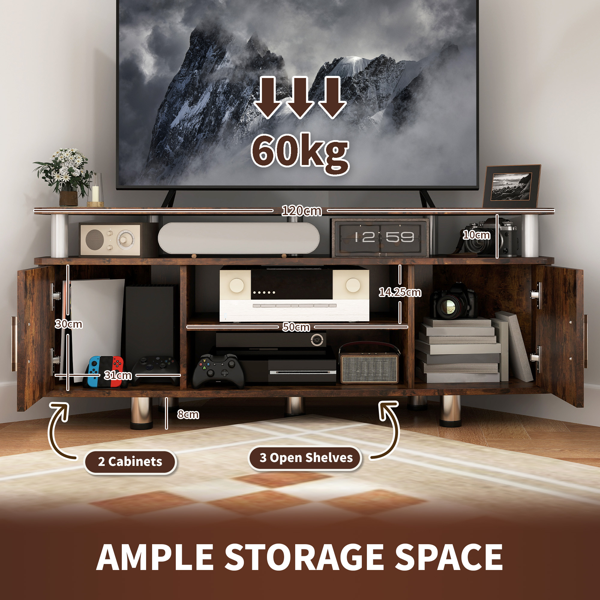 HOMCOM TV Unit Cabinet for TVs up to 55 Inches with Storage Shelves and Cupboard, Entertainment Centre for Living Room, Rustic Brown 4