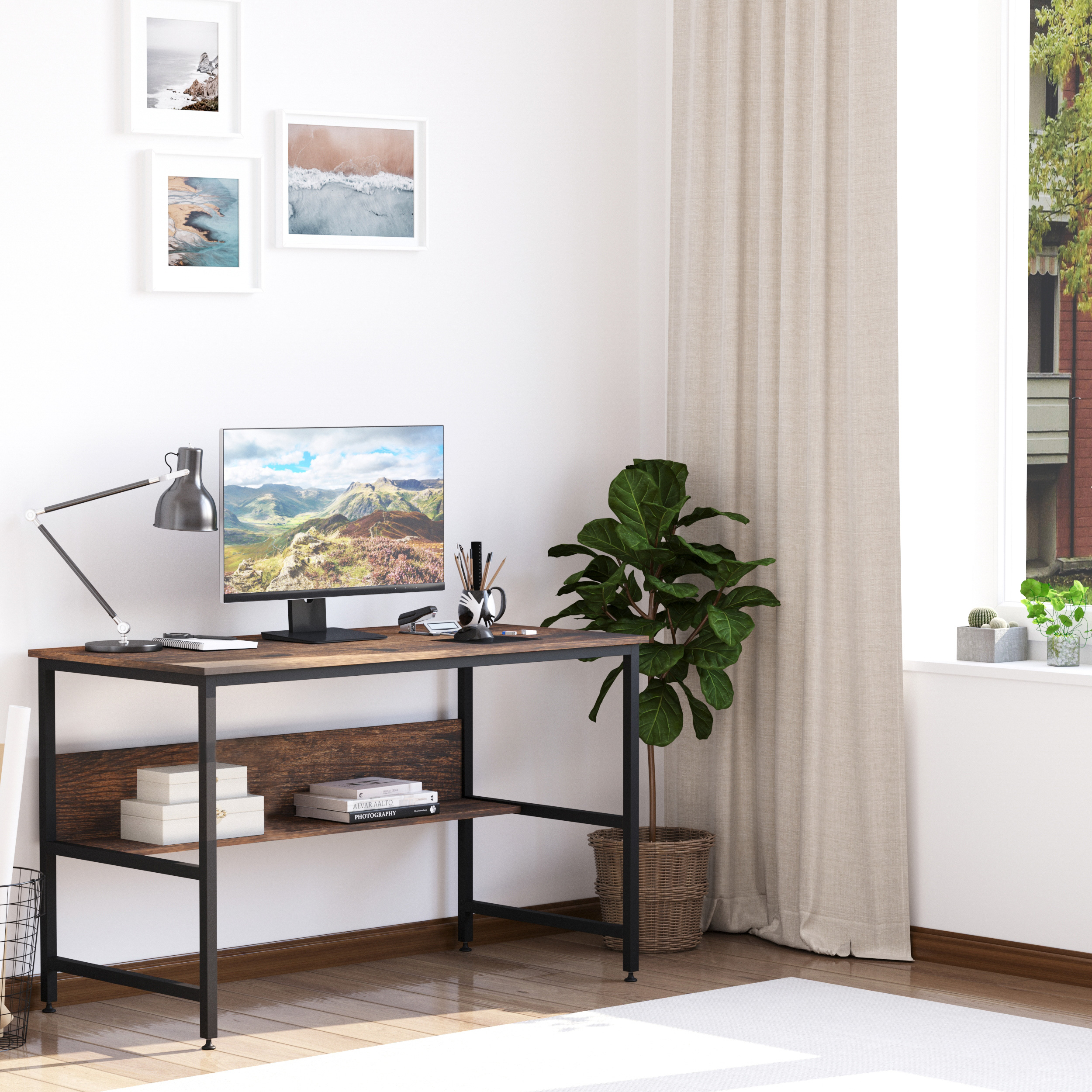 HOMCOM Computer Desk with Storage Shelf, 120 x 60cm Home Office Desk with Metal Frame, Study Table, Easy Assembly, Rustic Brown 7