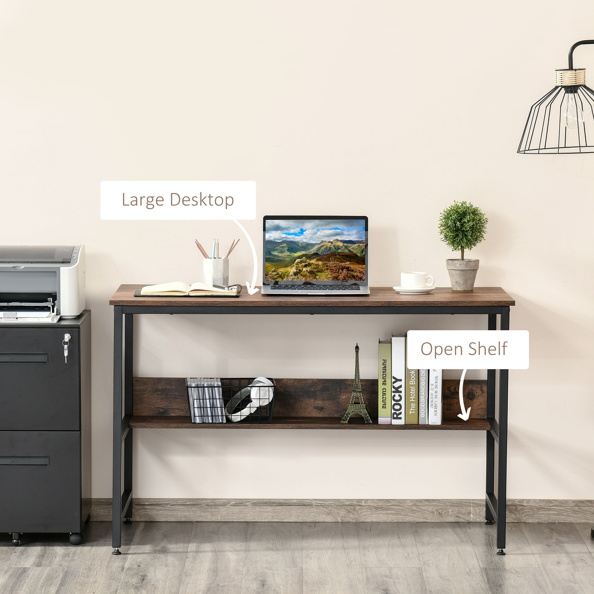 HOMCOM Computer Desk with Storage Shelf, 120 x 60cm Home Office Desk with Metal Frame, Study Table, Easy Assembly, Rustic Brown 4