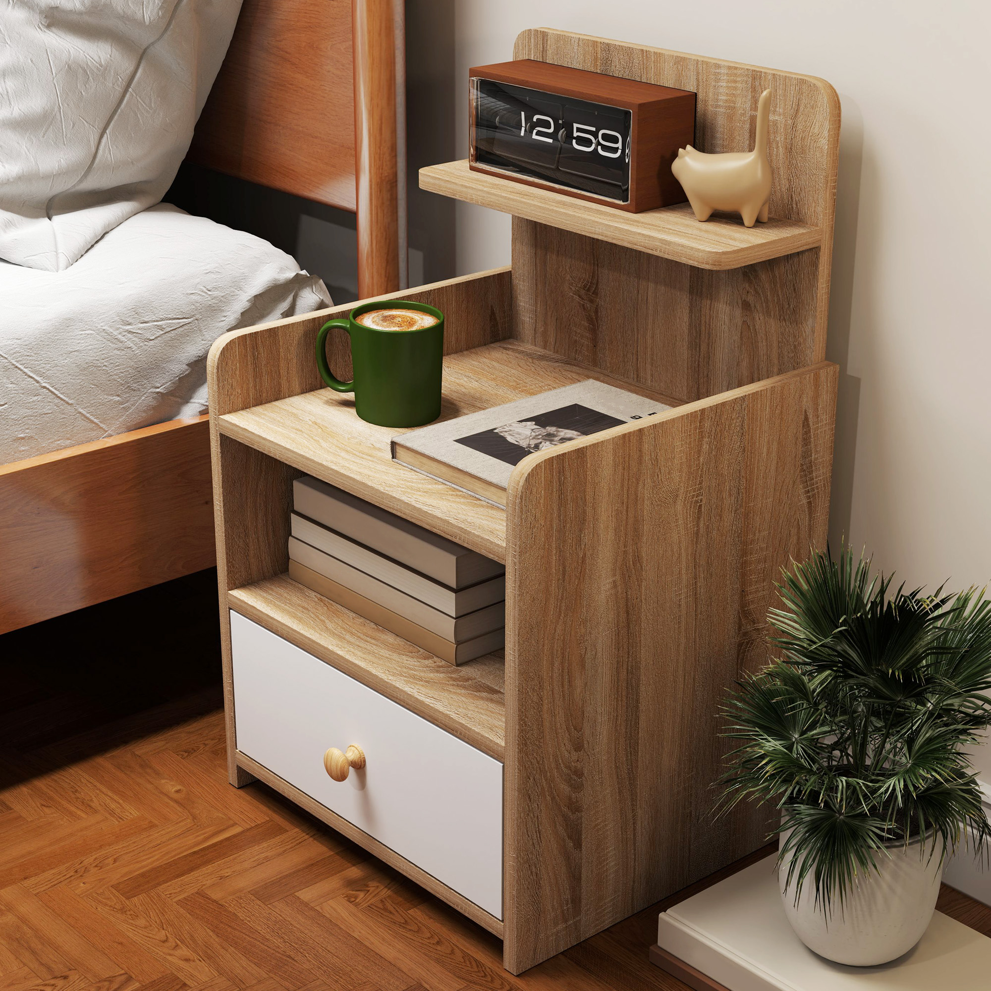 HOMCOM Multi-Storage Bedside Table White/Wood-Effect 7