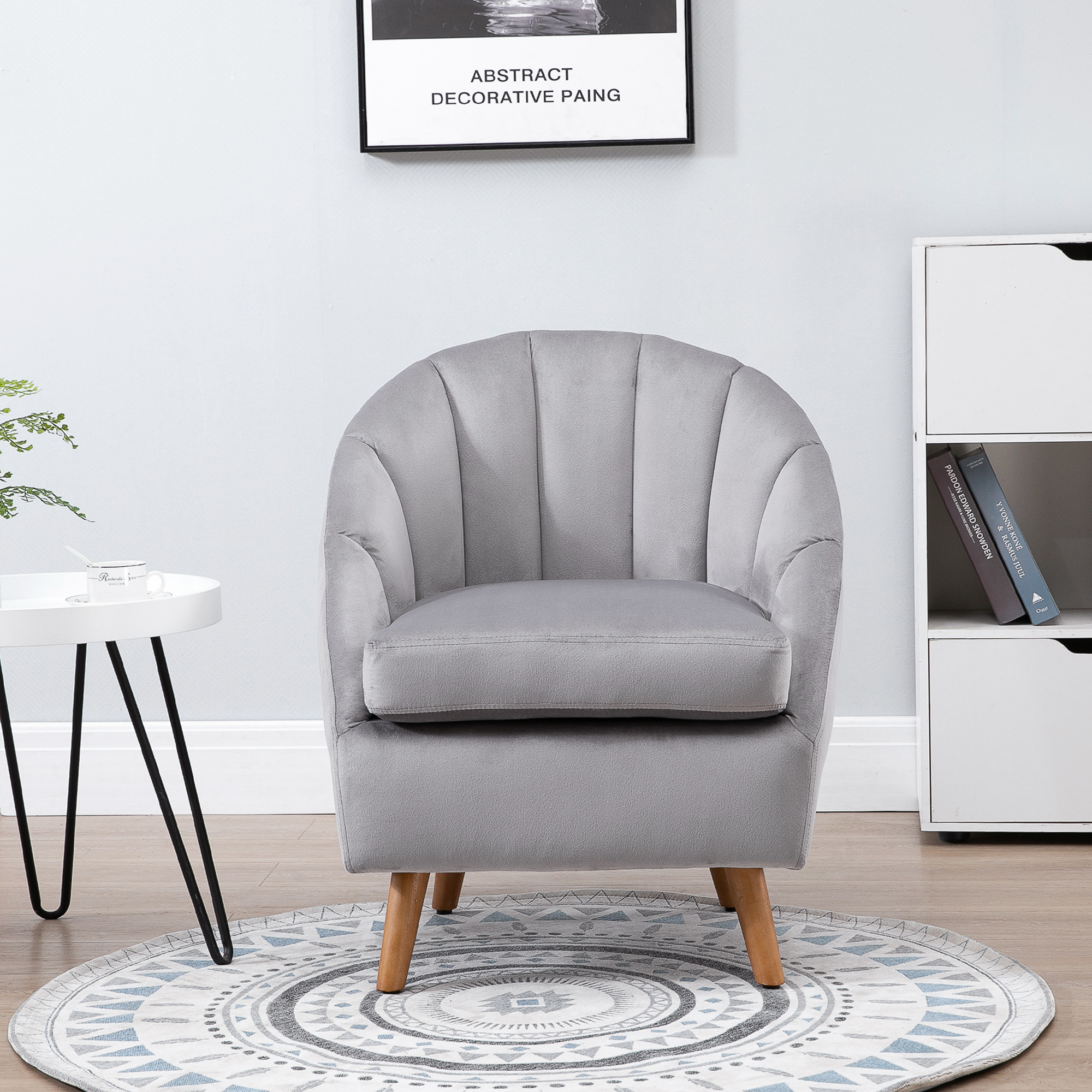 HOMCOM Accent Chair Velvet Fabric Single Sofa Armchair Home Living Room Solid Wood Leg Upholstered Side Armchair Grey 8