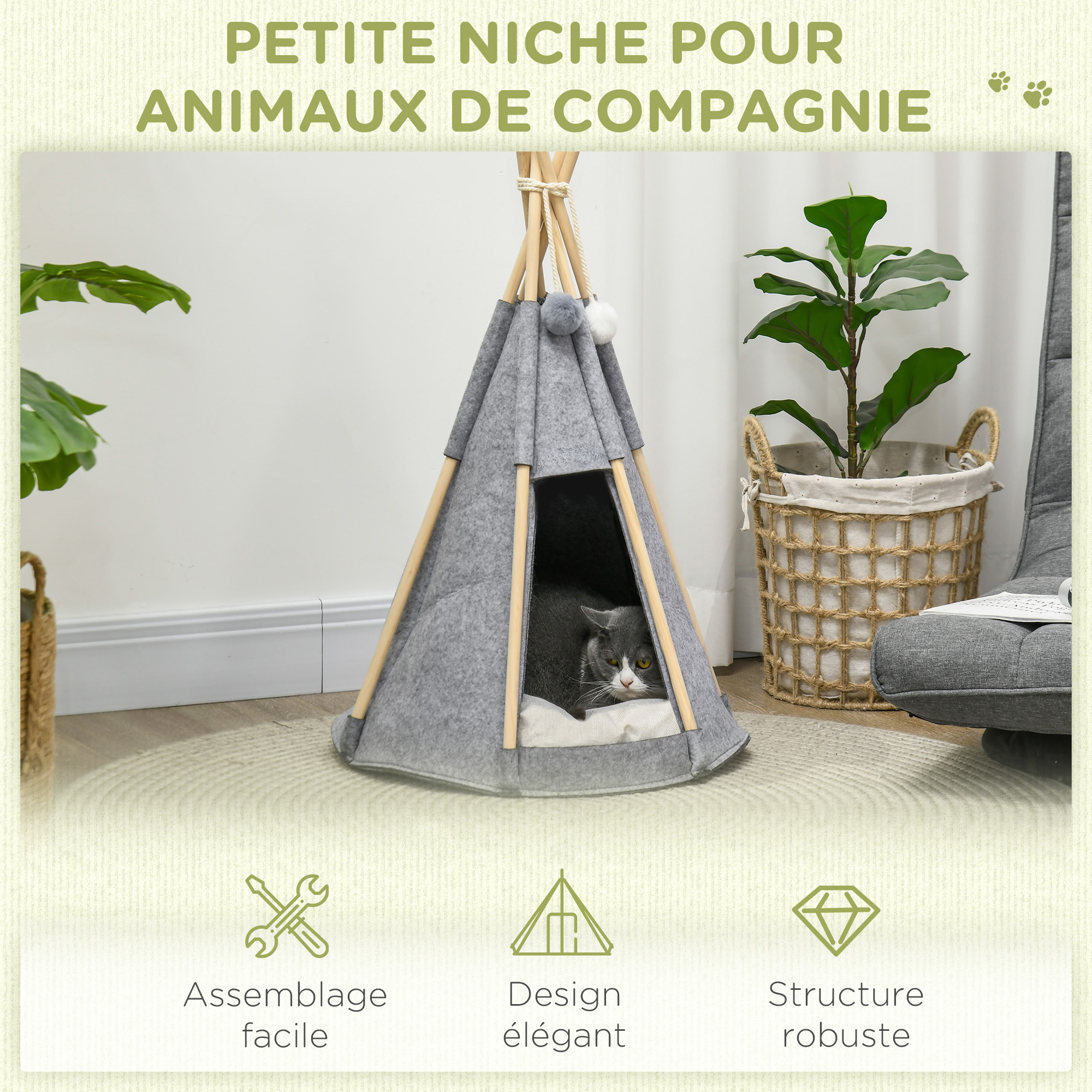 PawHut Tipi-Zelt Für Katzen & Hunde – Mit Dickem Kissen, Aus Kiefernholz & Filz, Grau, Inkl. 2 Pompons