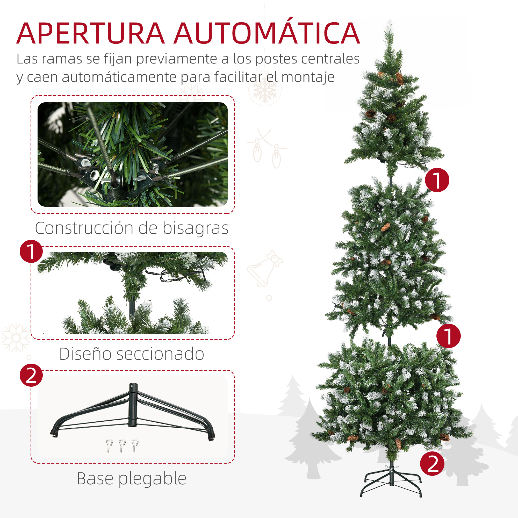 Árbol De Navidad Artificial Estrecho De 230 Cm – Con 350 Luces LED Blancas Cálidas Y 7 Modos – 761 Ramas Con Purpurina, Piñas Y Bayas – Base Metálica Estable