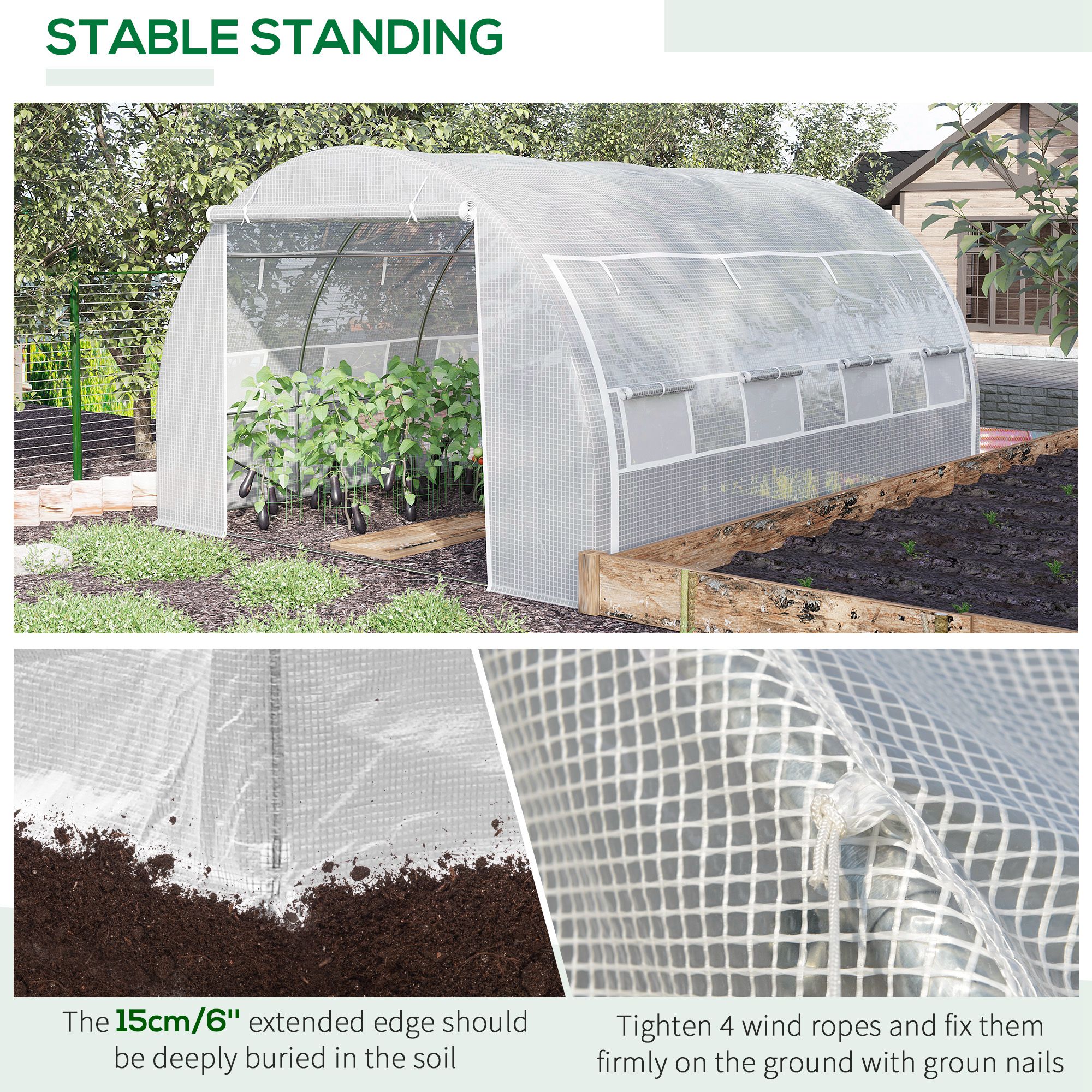 Outsunny 4 x 3 x 2 m Polytunnel Greenhouse with Roll-up Side Walls, Walk-in Grow House Tent with Steel Frame, Reinforced Cover, Zipped Door and 12 Mesh Windows for Garden, White 6