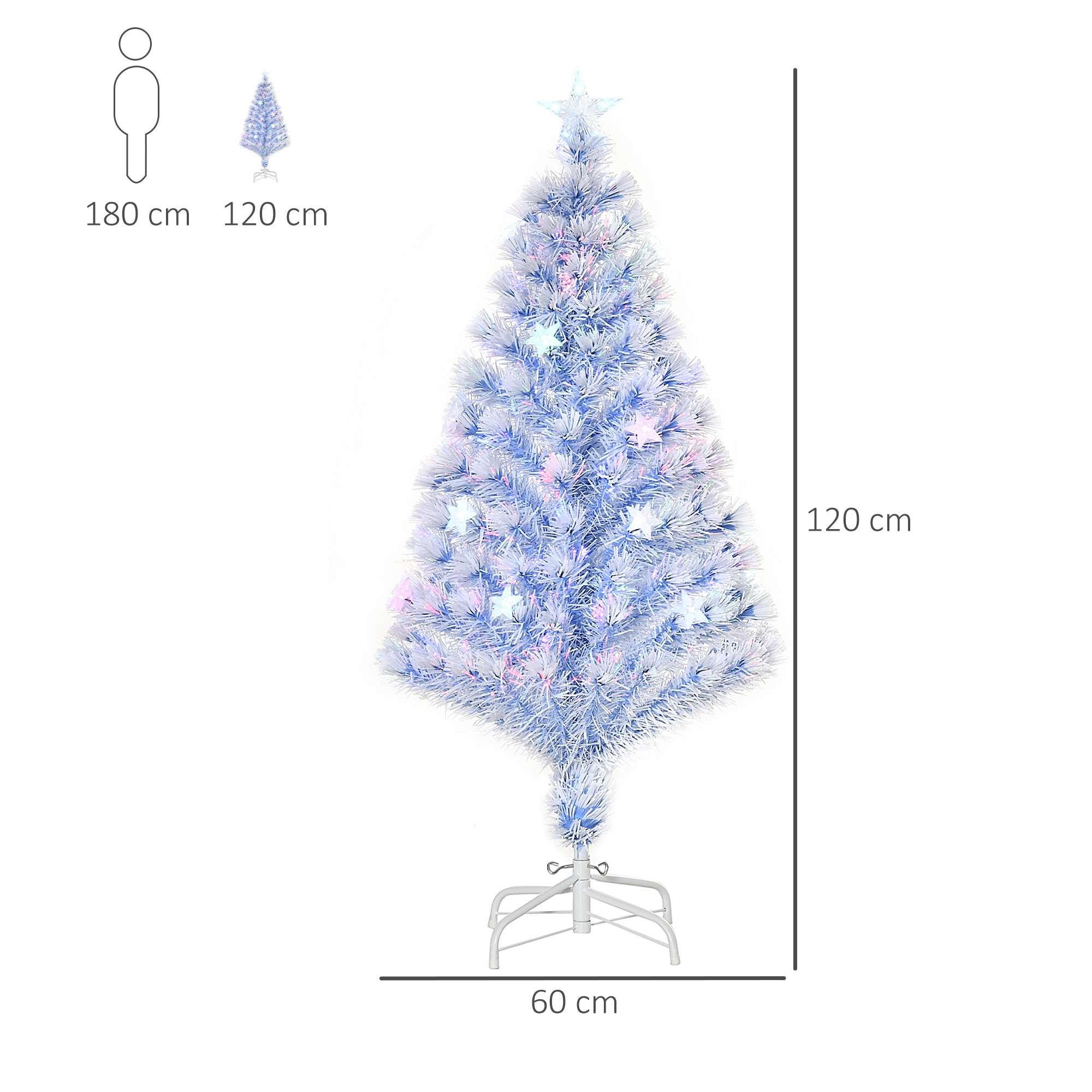 Kunstlik jõulupuu 120 cm, kunstlik jõulupuu fiiberoptika ja LED-valgustusega, 130 otsa, koos terasest alusega siseruumides kasutamiseks, valge+sinine