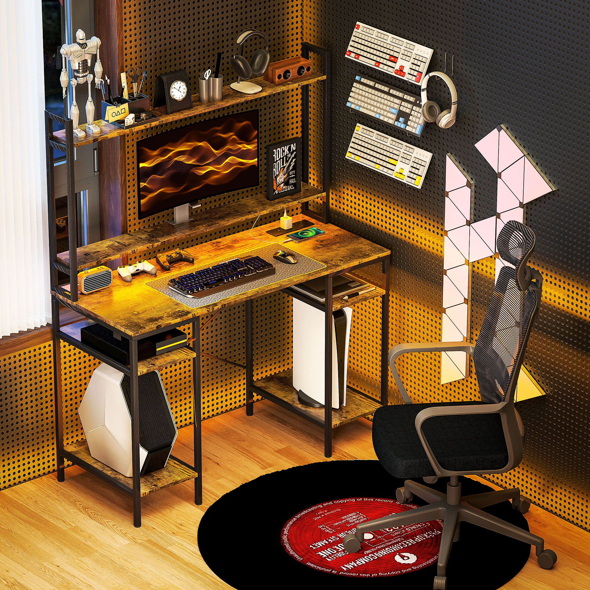 HOMCOM Computer Desk with Power Outlets and LED Lights, Home Office Desk with Monitor Stand, 2 CPU Stands and Storage Shelves, Study Table Gaming Desk with Hutch, Rustic Brown