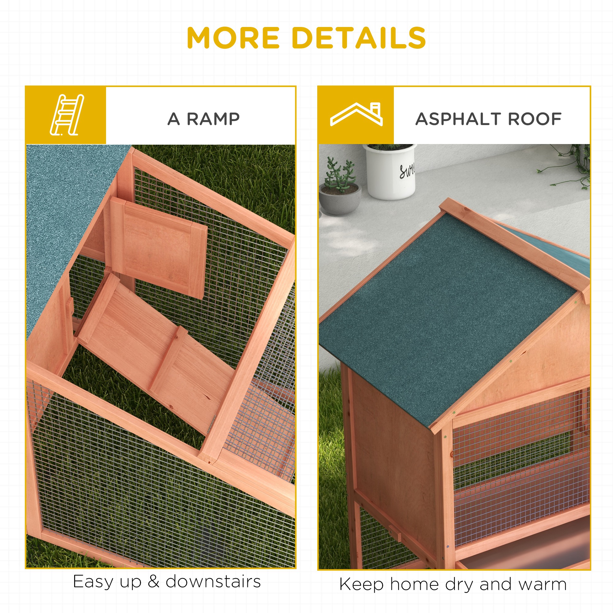 PawHut 2 Tier Rabbit Hutch Outdoor, Guinea Pig Hutch, Solid Wood Bunny House, Water Resistant Asphalt Roof Ramp Sliding tray 144 x 64.5 x 100 cm 7