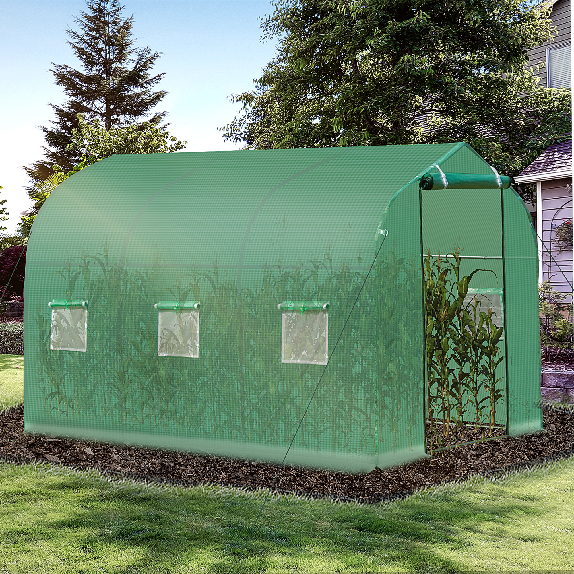 Outsunny Polytunnel Greenhouse with Windows and Door, Walk in Greenhouse for Garden, Backyard (3 x 2 M) 2