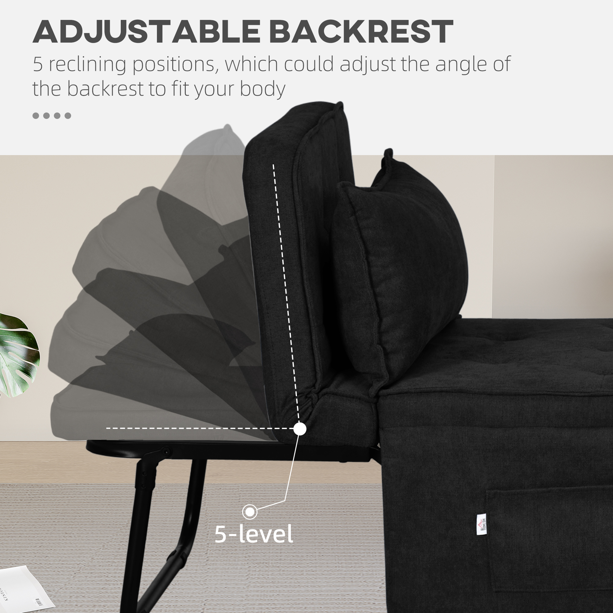 HOMCOM Fabric Sleeper Chair, Folding Chair Bed with Adjustable Backrest, Pillow, Side Pockets for Living Room, Black 5