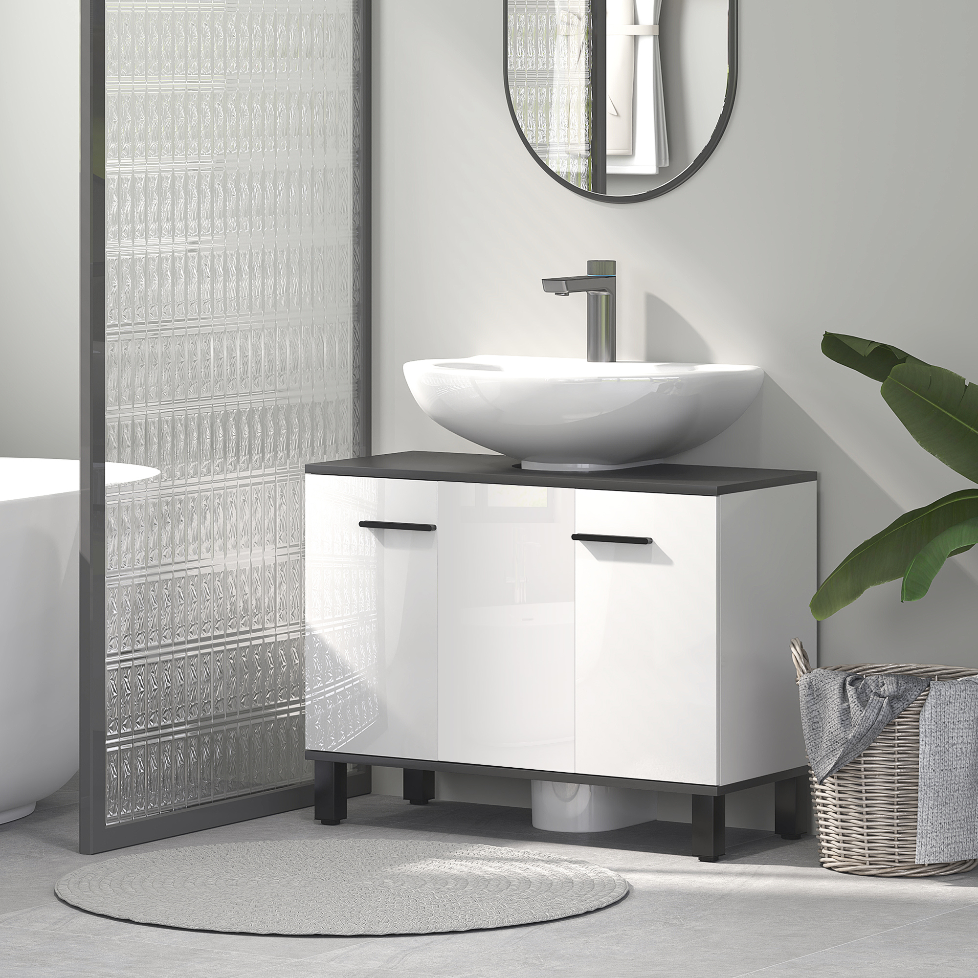 Mobile Sottolavabo Sospeso, Con Due Ante Battenti E Un Ripiano E Uno Specchio Colore Quercia Effetto Legno Non Trattato Cm 80 X 64 X 45 83576557