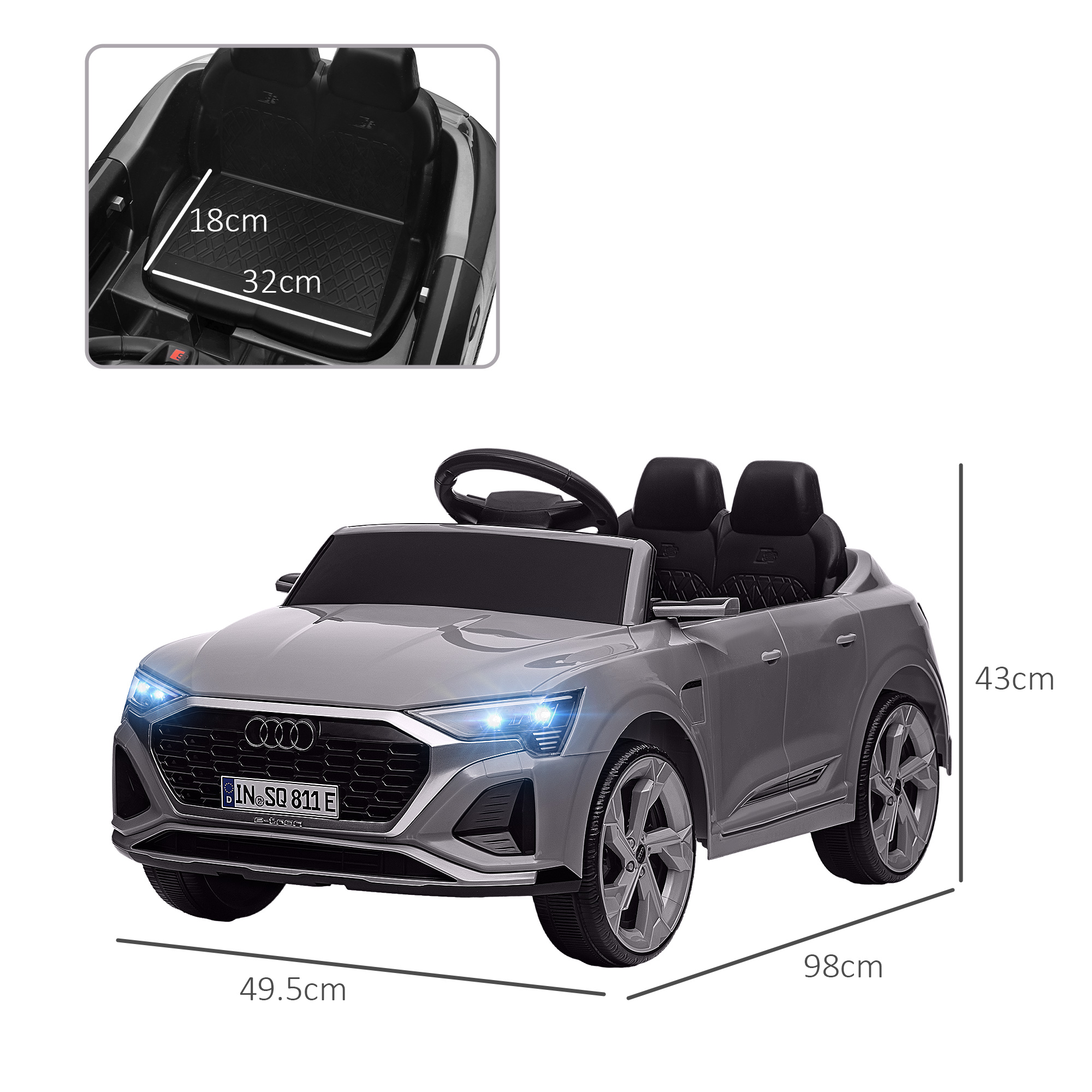 AIYAPLAY Audi Q8 e-tron Sportback Licensed 12V Ride on Car w/ Remote, 4 Spring Suspension Wheels, Headlamps, Music, Horn Grey 3