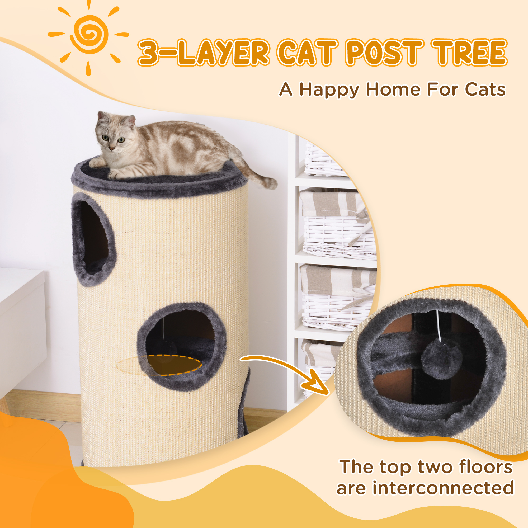 PawHut Cat Tree, Plush, Ф38x70H cm-Beige/Grey Aosom UK