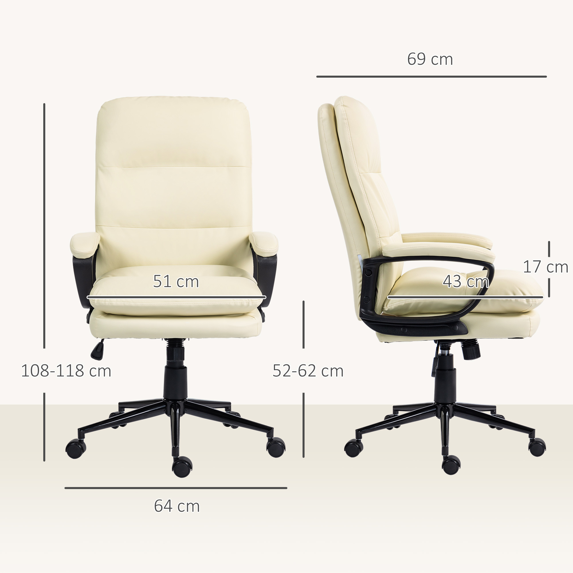 Vinsetto Office Chair, PU Leather Computer Desk Chair Office Chair with Adjustable Height and Swivel Rolling Wheels for Work Study, Cream White 3
