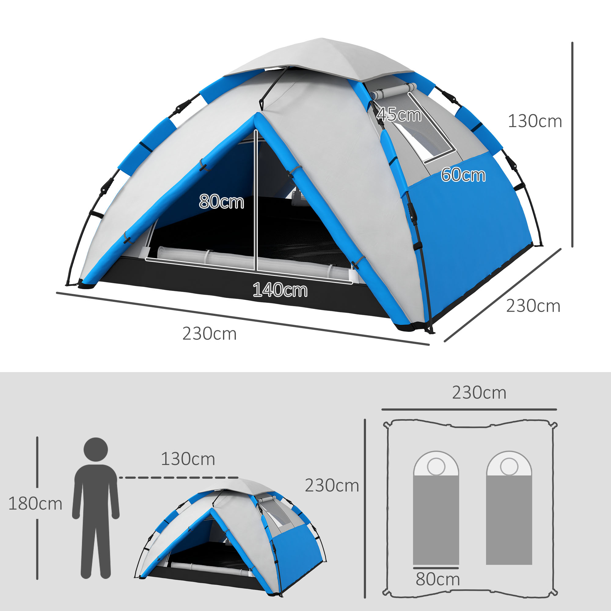 Outsunny Two-Man One Room Camping Tent, with Accessories Blue 3