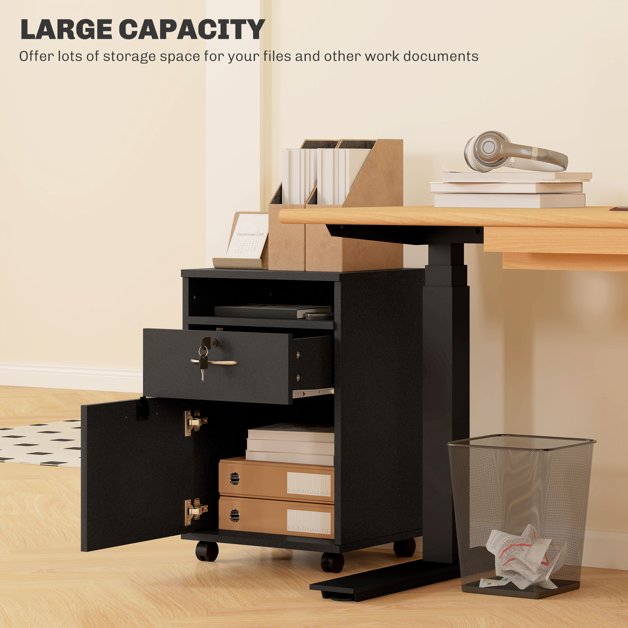 HOMCOM 60cm Filing Cabinet with Drawer, Open Shelf, Metal Handles and 4 Wheels, Office Home Organiser Mobile Printer with Two Locks, Black 4