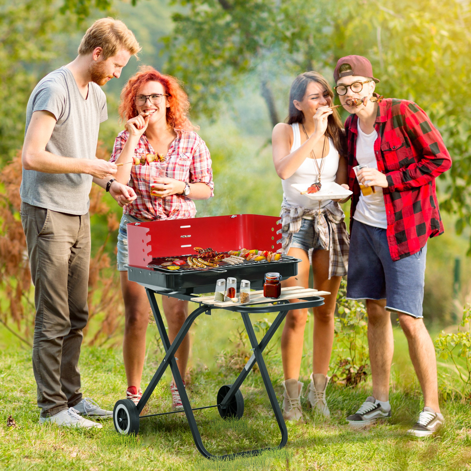 Outsunny Charcoal Trolley BBQ Barbecue Grill Patio Camping Picnic Garden Party Outdoor Cooking with Windshield and Wheels Side Trays, Black/Red 2