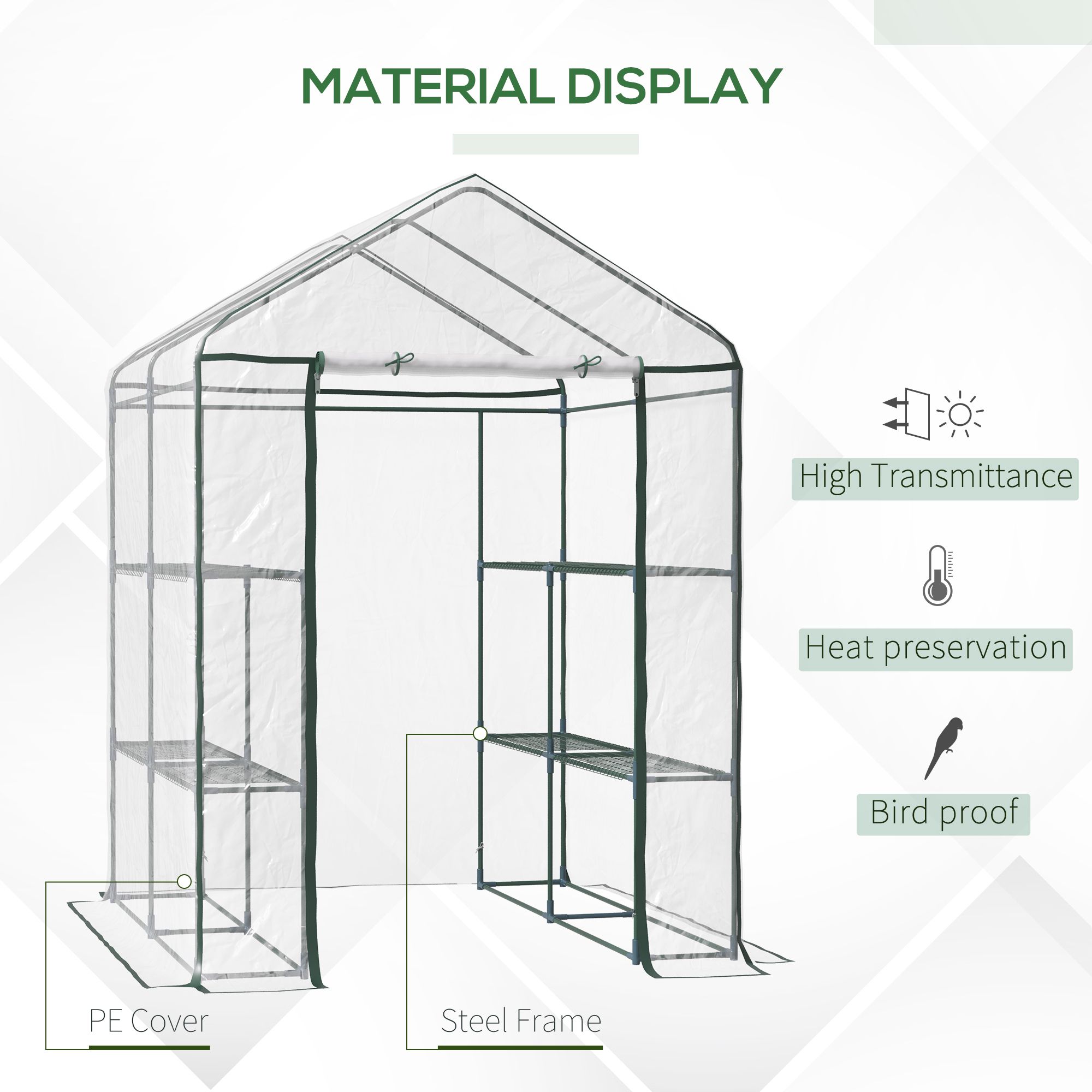 Outsunny Walk in Greenhouse with 3-Tier 8 Shelves, Green House with Hemmed Cover, Roll-up Zipped Door, Steel Frame, 143 x 143 x 195cm 4