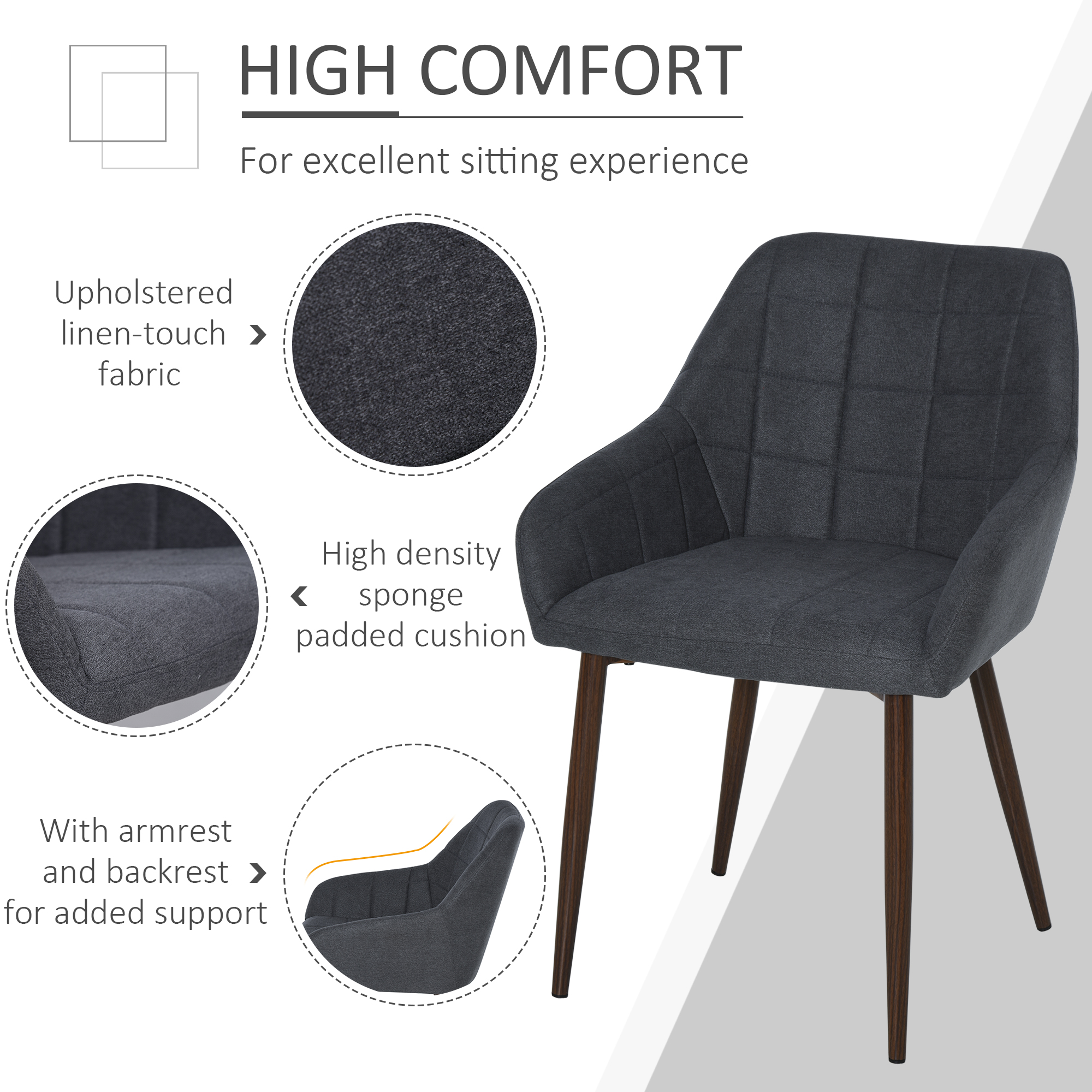 HOMCOM 2 Pieces Linen-Touch Fabric Dining Chair with Grid Pattern Cushion and Backrest, Mid Back Leisure Chair with Steel Leg, Sponge Padded Armchair for Dining Room 5