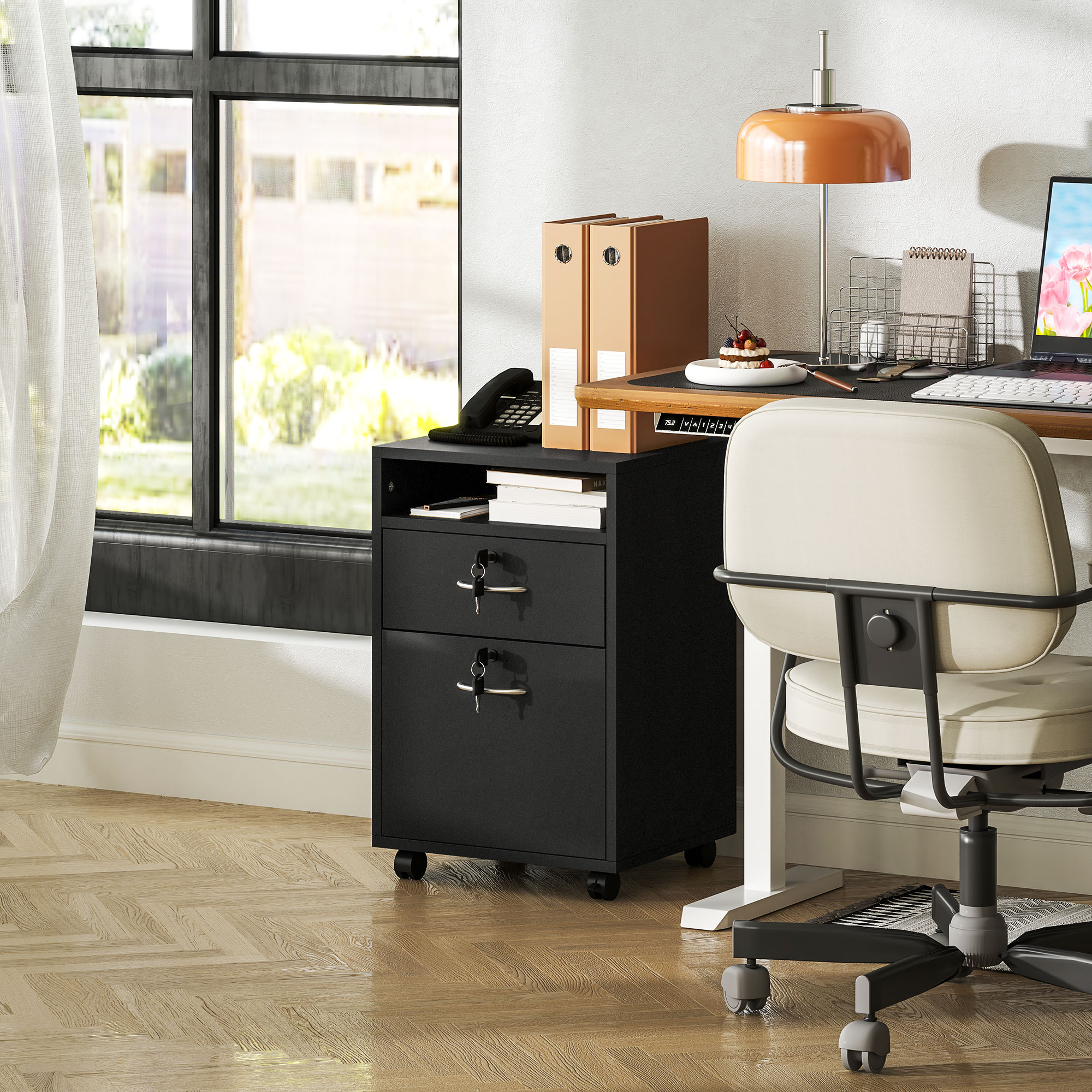 HOMCOM 60cm Filing Cabinet with Drawer, Open Shelf, Metal Handles and 4 Wheels, Office Home Organiser Mobile Printer with Two Locks, Black 9