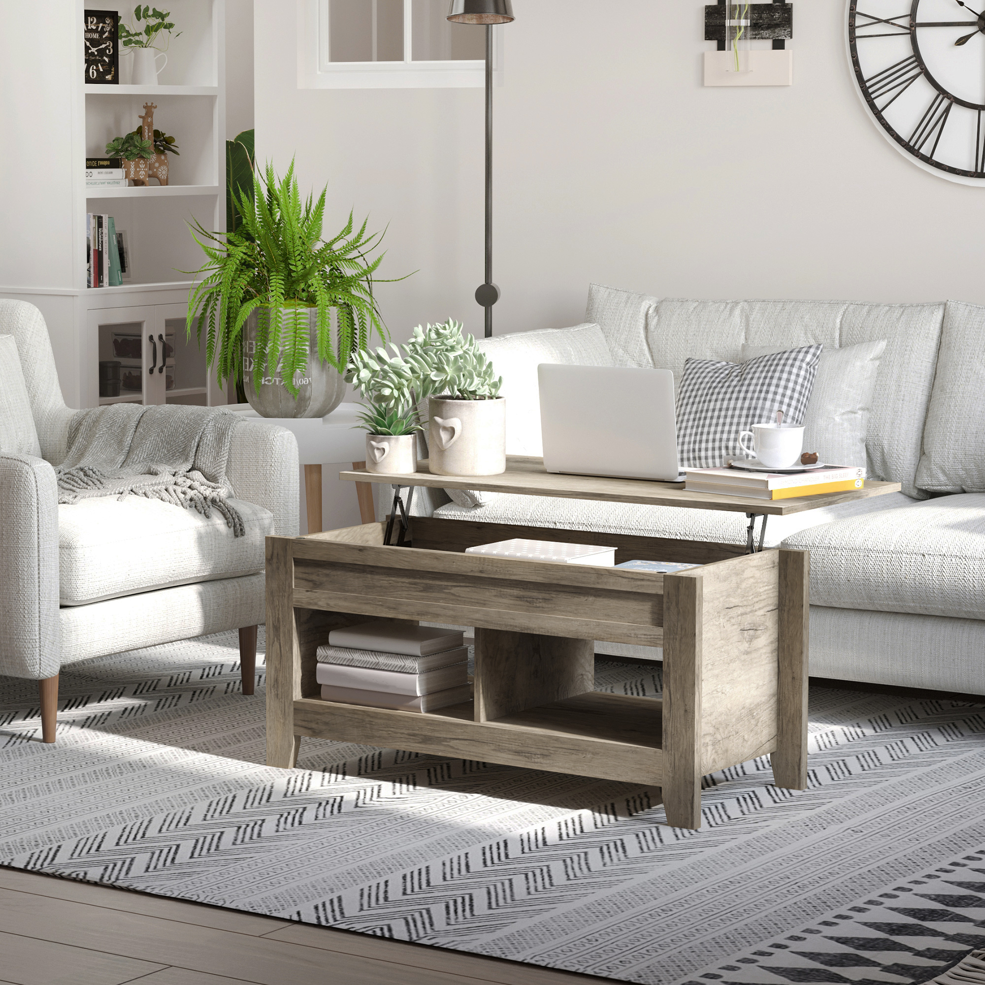 HOMCOM Lift Top Coffee Table w/ Hidden Storage Compartment Open Shelves Lift Tabletop Pop Up Centre Table for Living Room Oak Effect 2