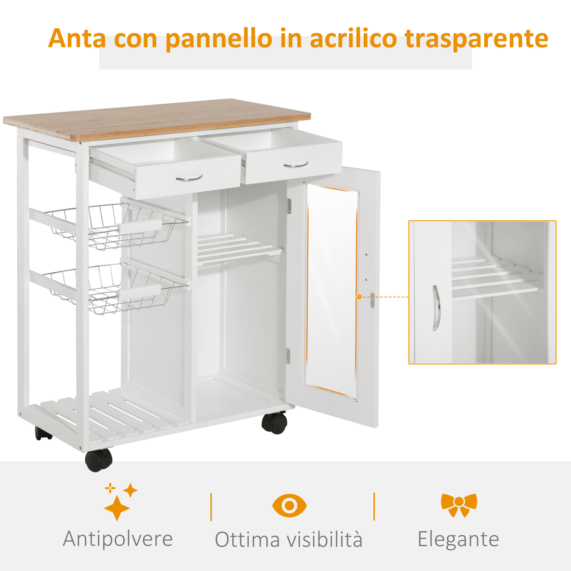 Carrello Di Servizio HOMCOM Con Ruote - 2 Ripiani, Cestino, Cassetto, Legno Di Pino E MDF, Grigio/Rovere - Foto 8