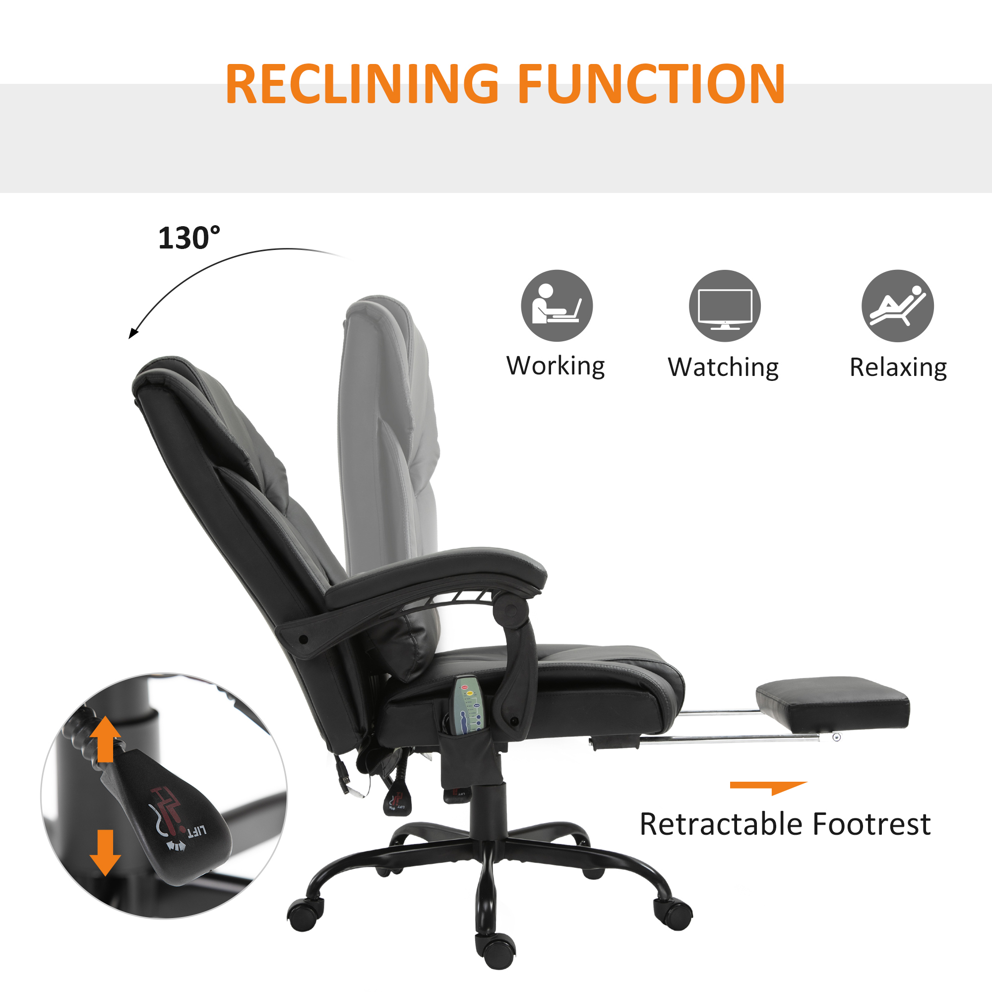 Vinsetto 6-Point Massage Office Chair, PU Leather Desk Chair with Adjustable Height and Footrest for Home Office, Black 5