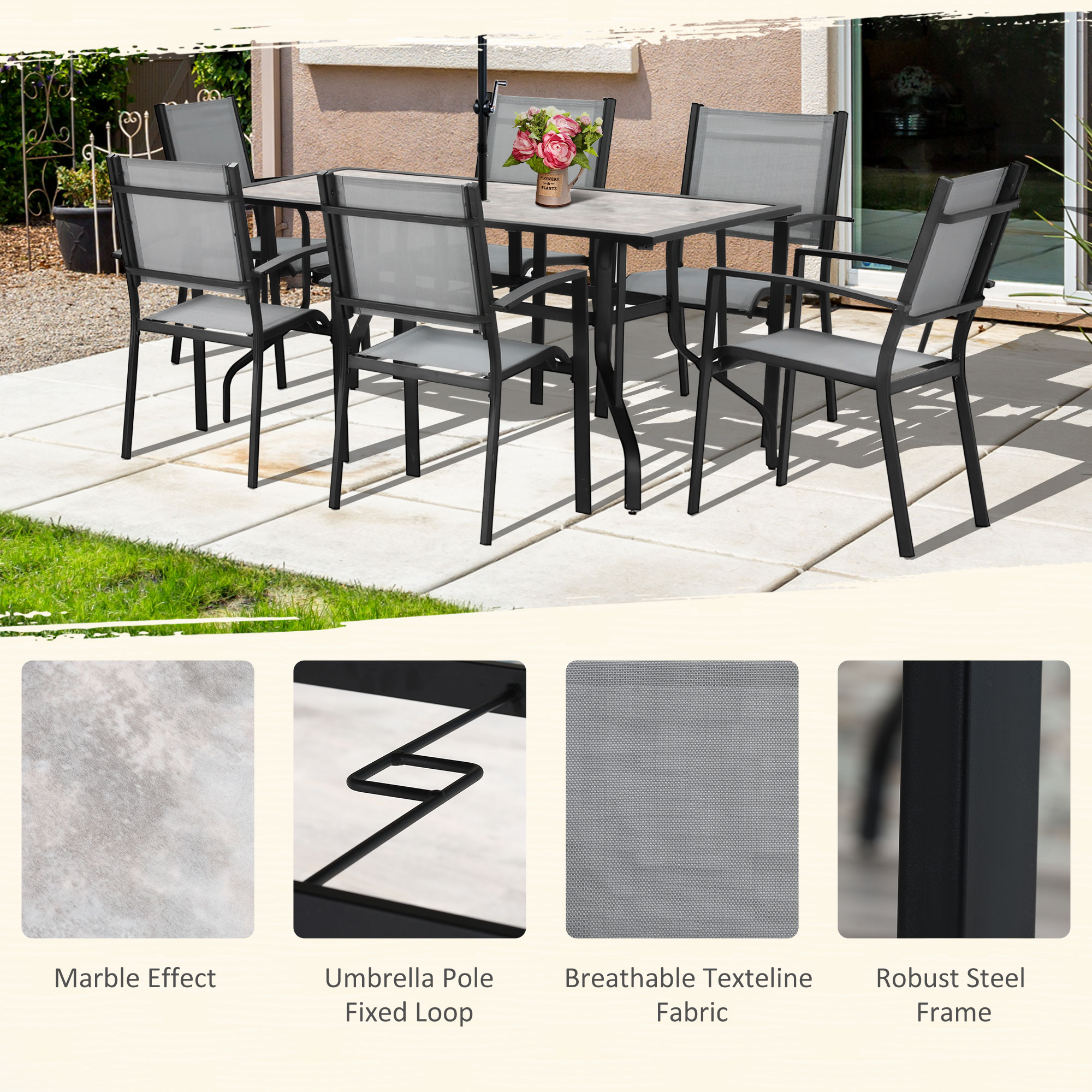 Outsunny 7 Pieces Garden Dining Set, 6 Seater Garden Table and Chairs with Parasol Hole, Outdoor Furniture Armchairs and Stone-like Plastic Top Table with Breathable Mesh Fabric Seat, Grey 5