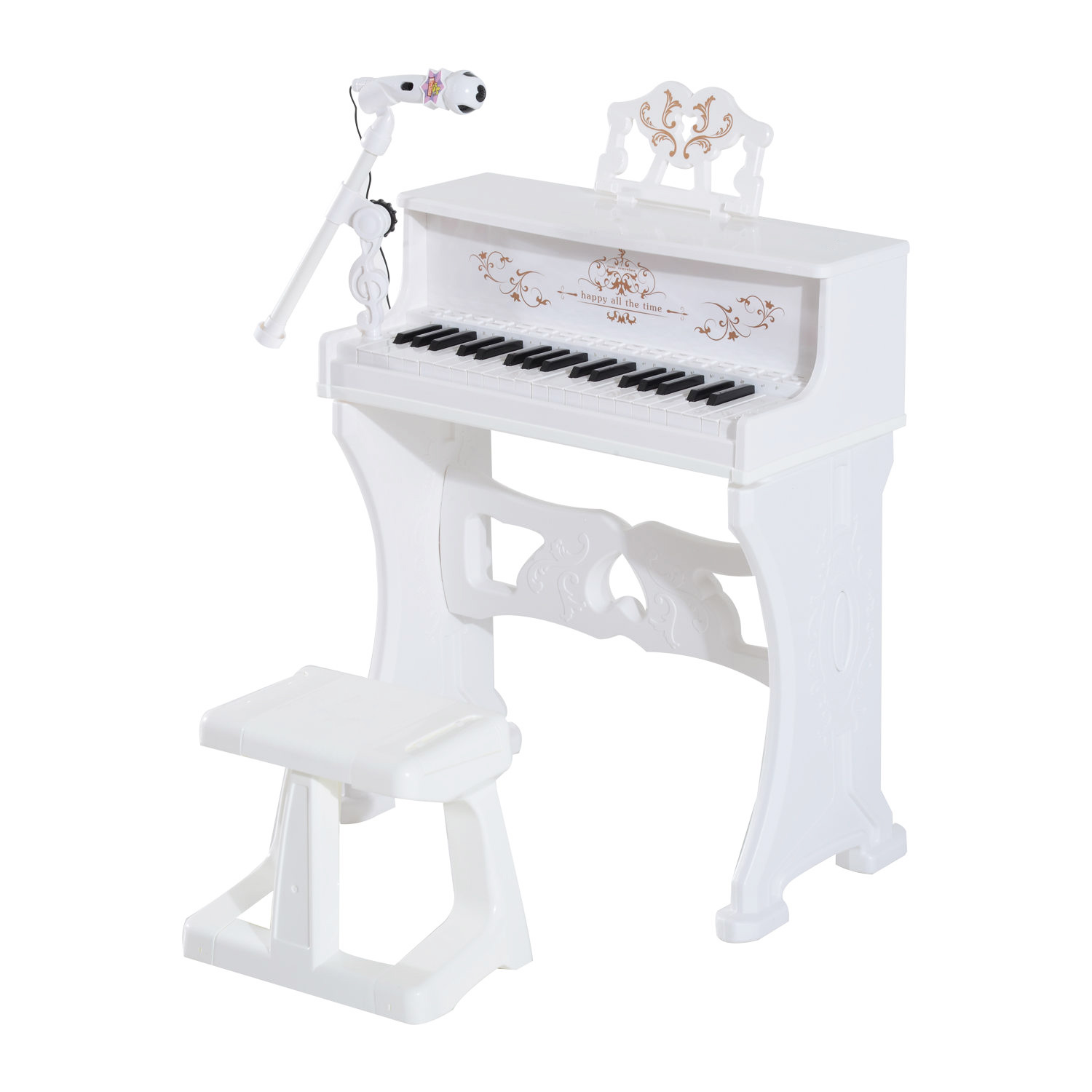 HOMCOM Piano Electrónico Infantil 37 Teclas con Micrófono Taburete Luces Karaoke 22 Canciones Blanco 53,5x27x63 cm   Aosom España