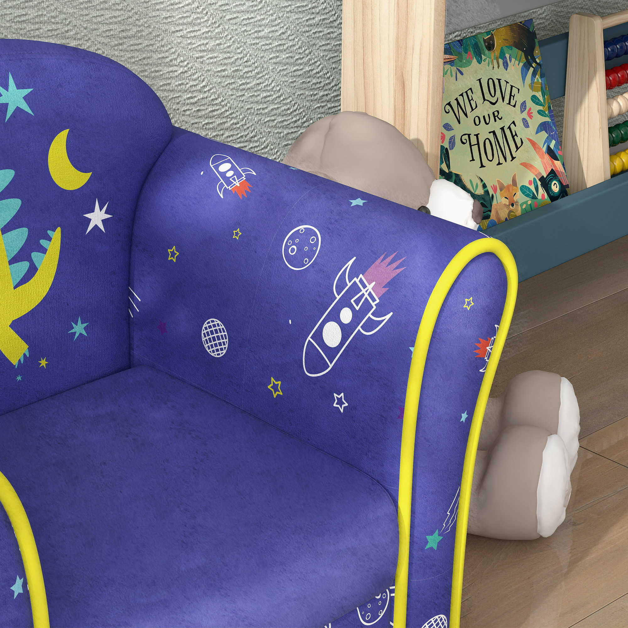AIYAPLAY Kids Armchair with Planet Dinosaurs Design, Wooden Frame, for Bedroom, Playroom, Kids Room Blue 8