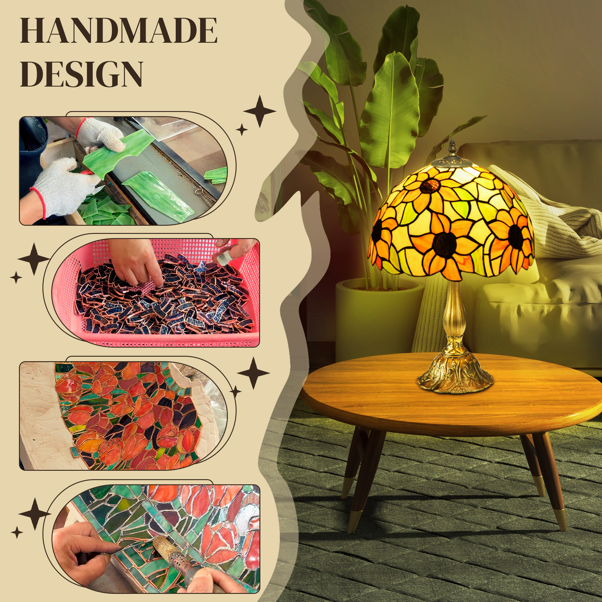 HOMCOM Stained Glass Table Lamp, Handmade Antique Bedside Lamp for Bedroom, Living room, Home, Nightstand, Decorative Night Light, Orange Sunflower 4