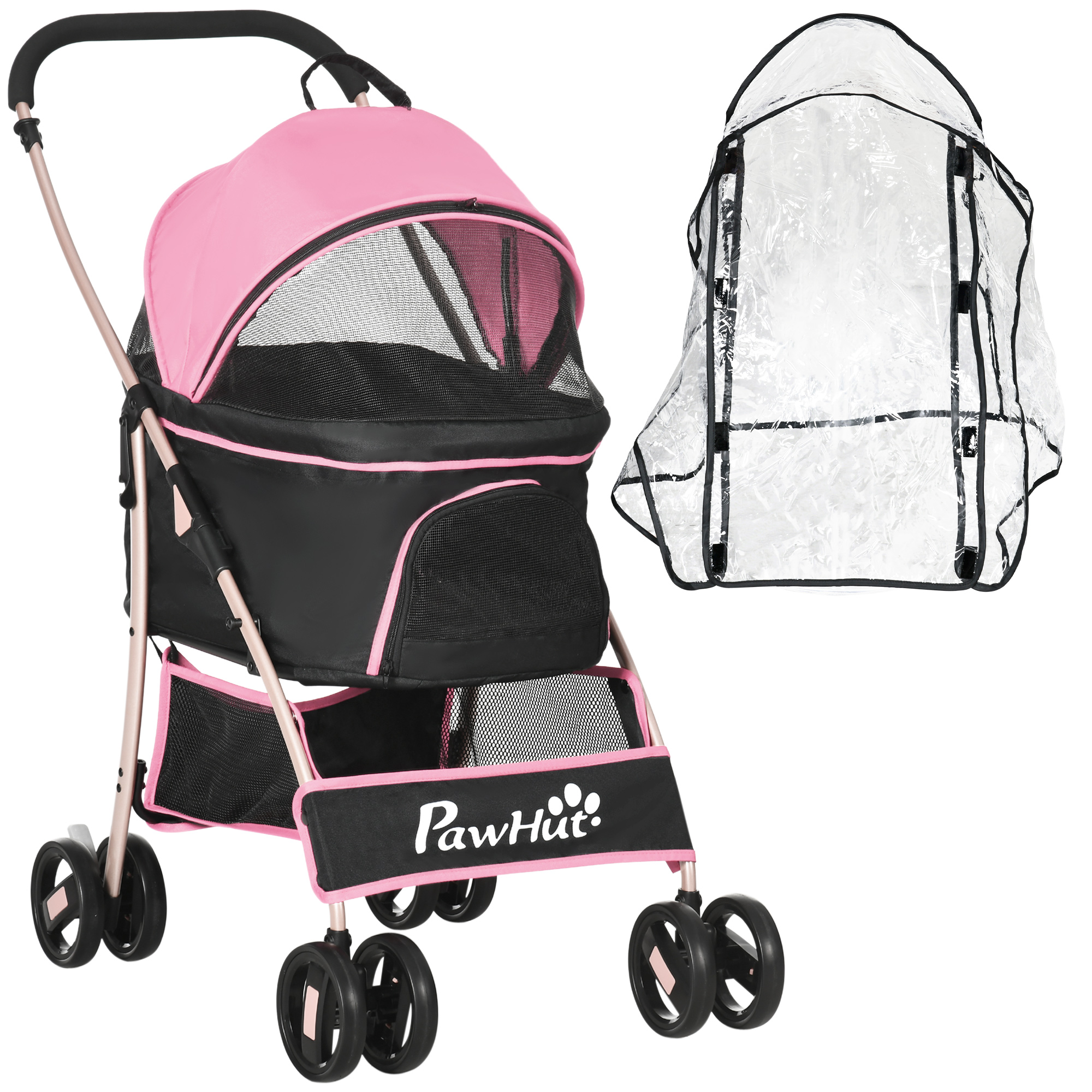 PawHut Detachable Pet Stroller with Rain Cover, 3 In 1 Cat Dog Pushchair, Foldable Carrying Bag w/ Universal Wheels, Brake, Canopy, Basket, Storage Bag for Small and Tiny Dogs - Red