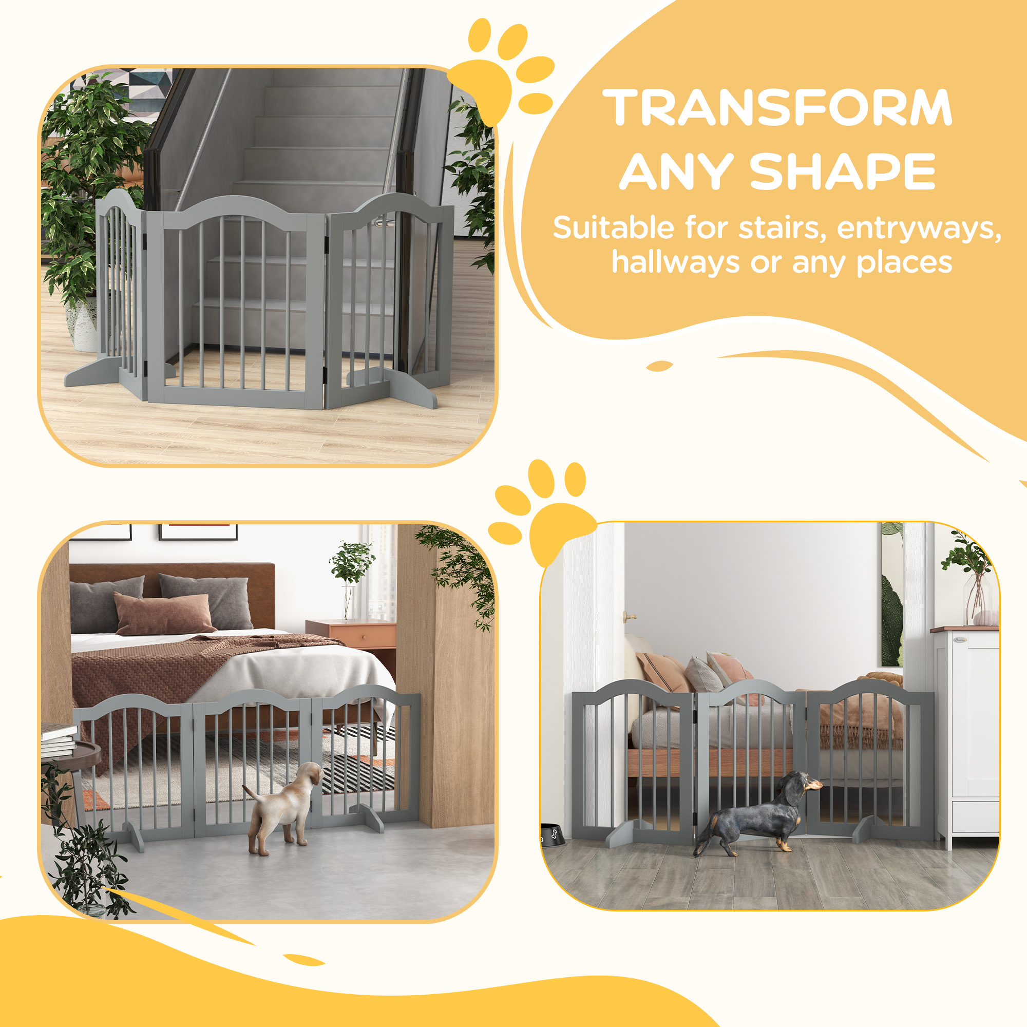 PawHut 3 Panels Dog Gate w/ Support Feet Fence Safety Barrier Freestanding Wood Light Grey 8