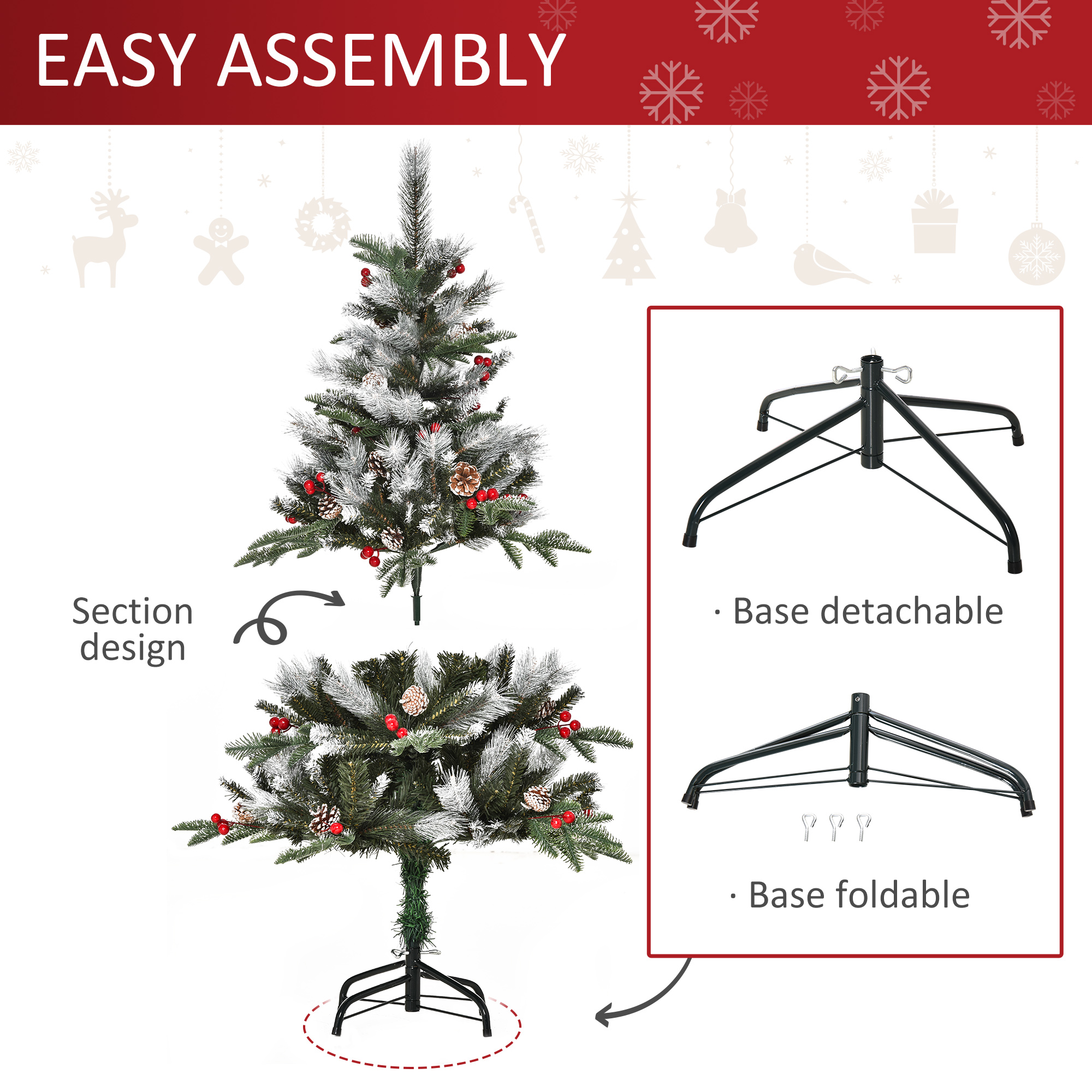 HOMCOM 4FT Artificial Snow Dipped Christmas Tree Xmas Pencil Tree Holiday Home Party Decoration with Foldable Feet Red Berries White Pinecones, Green 6