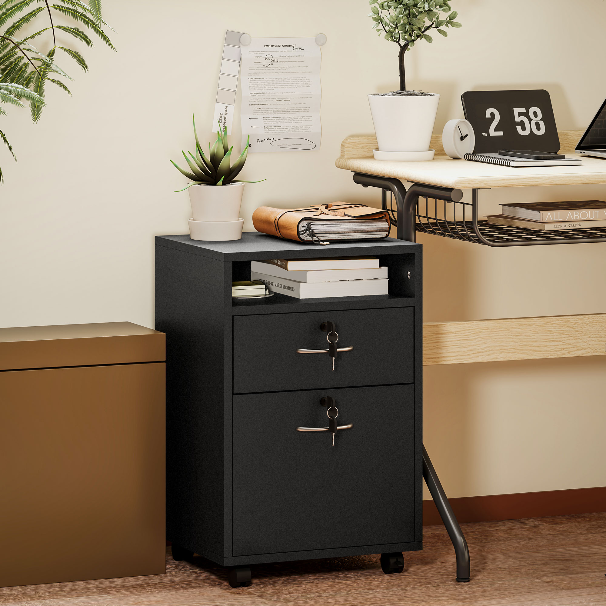 HOMCOM 60cm Filing Cabinet with Drawer, Open Shelf, Metal Handles and 4 Wheels, Office Home Organiser Mobile Printer with Two Locks, Black 2