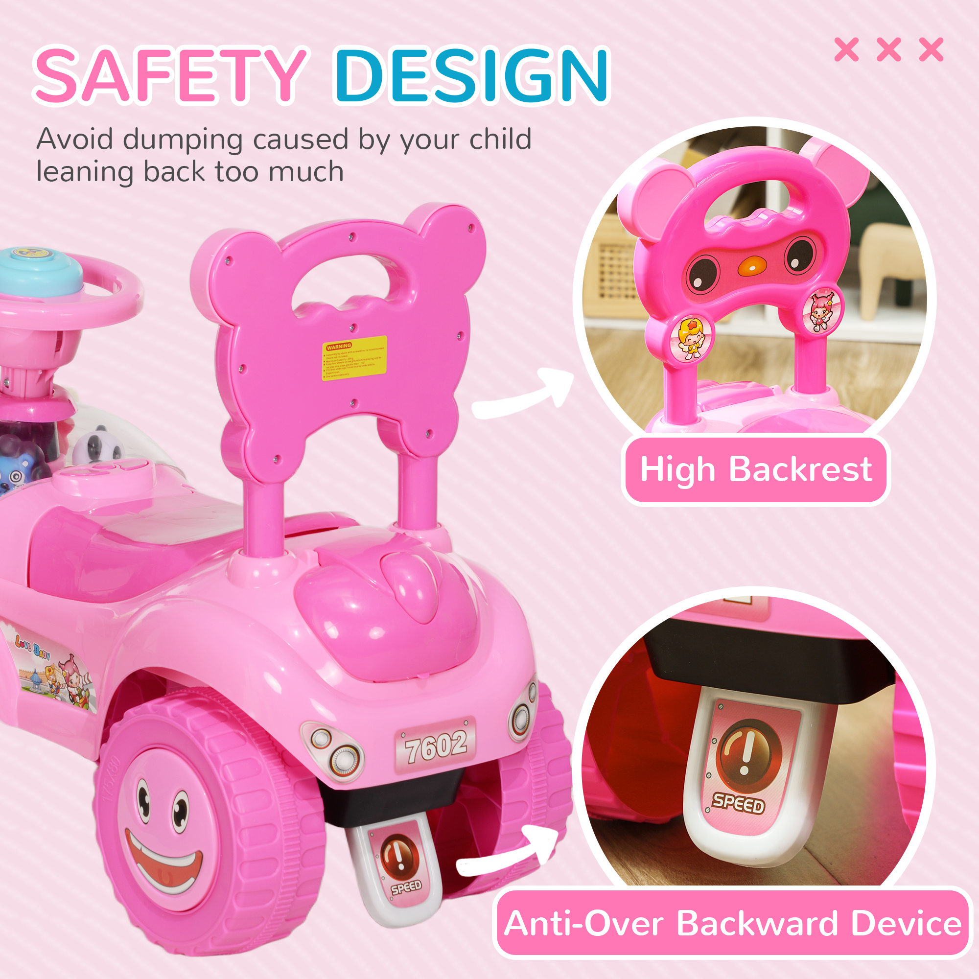 AIYAPLAY Foot to Floor oddler Ride on Toy w/ Music, Light, Horn, Under Seat Storage, Anti-Over-Backwards Device, Pink 4