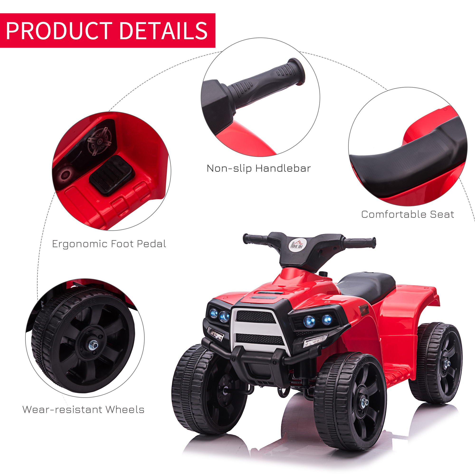 HOMCOM 6V Kids Electric Ride on Car, ATV Toy, Quad Bike with Headlights, Horn, for Toddlers 18-36 Months Red 7