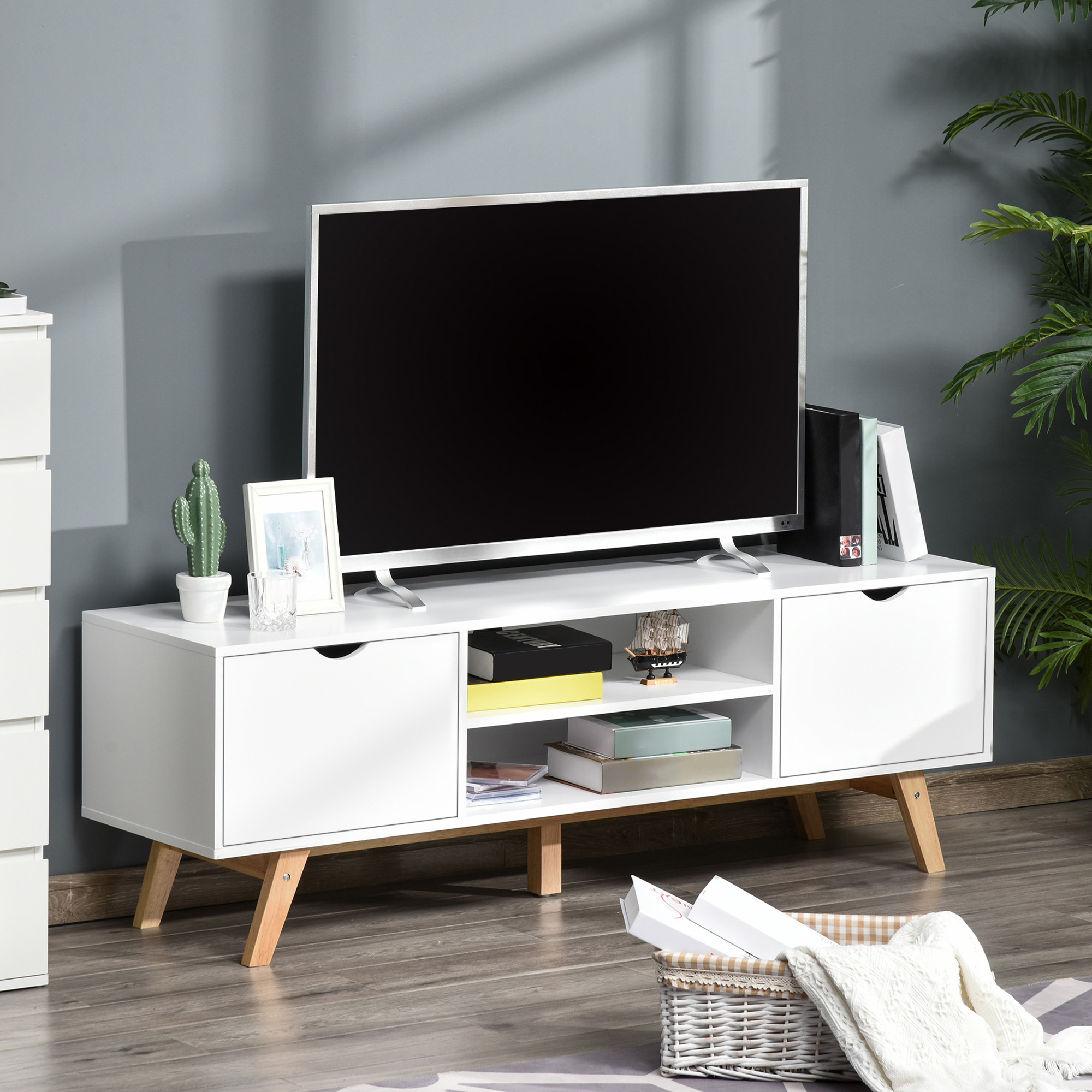 HOMCOM TV Stand Cabinet for TVs up to 65", Media Unit w/Wood Legs Storage Shelves Entertainment Center Modern Living Room Home Furniture White 2