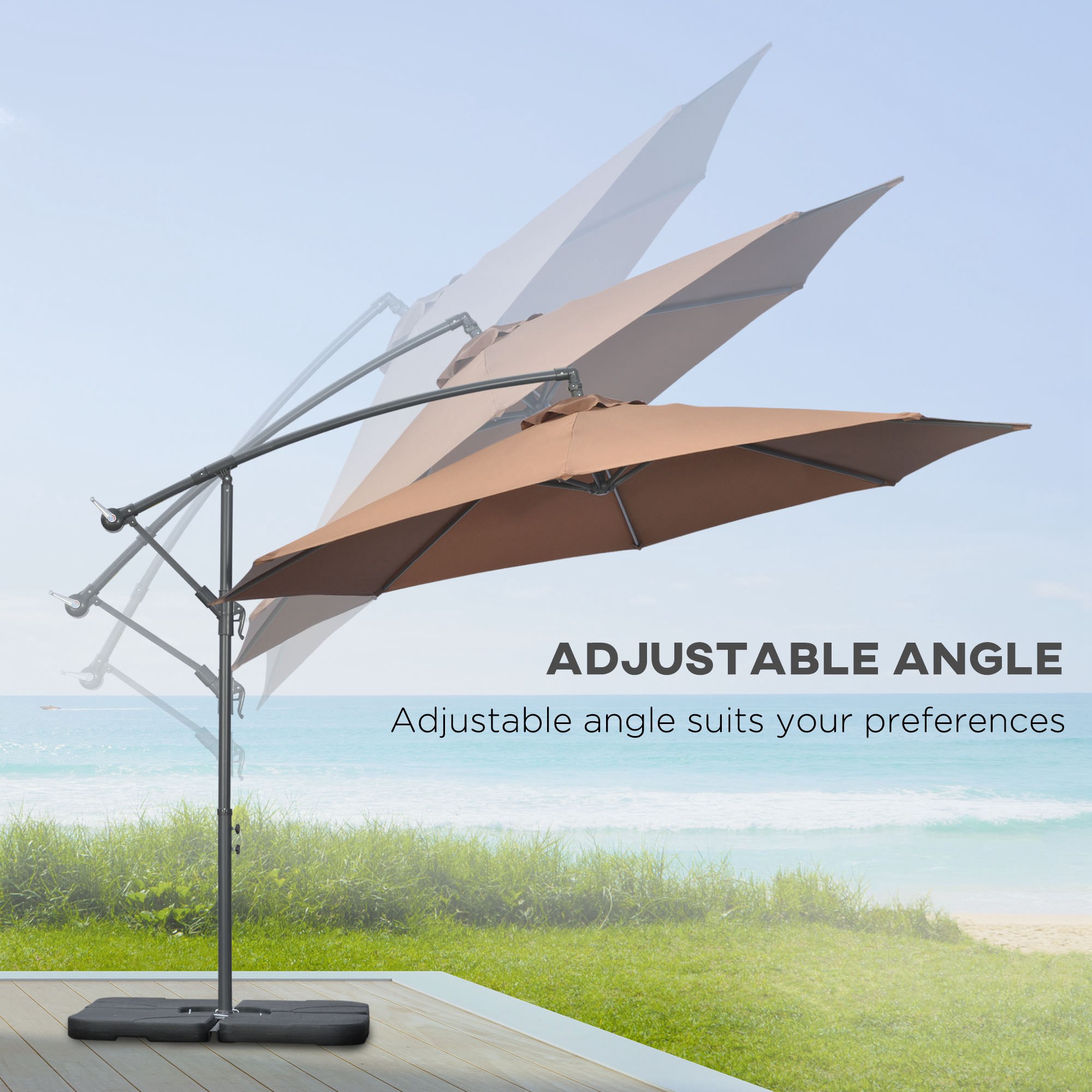 Outsunny 3(m) Garden Banana Parasol Cantilever Umbrella with Crank Handle, Cross Base, Weights and Cover for Outdoor, Hanging Sun Shade, Coffee 5