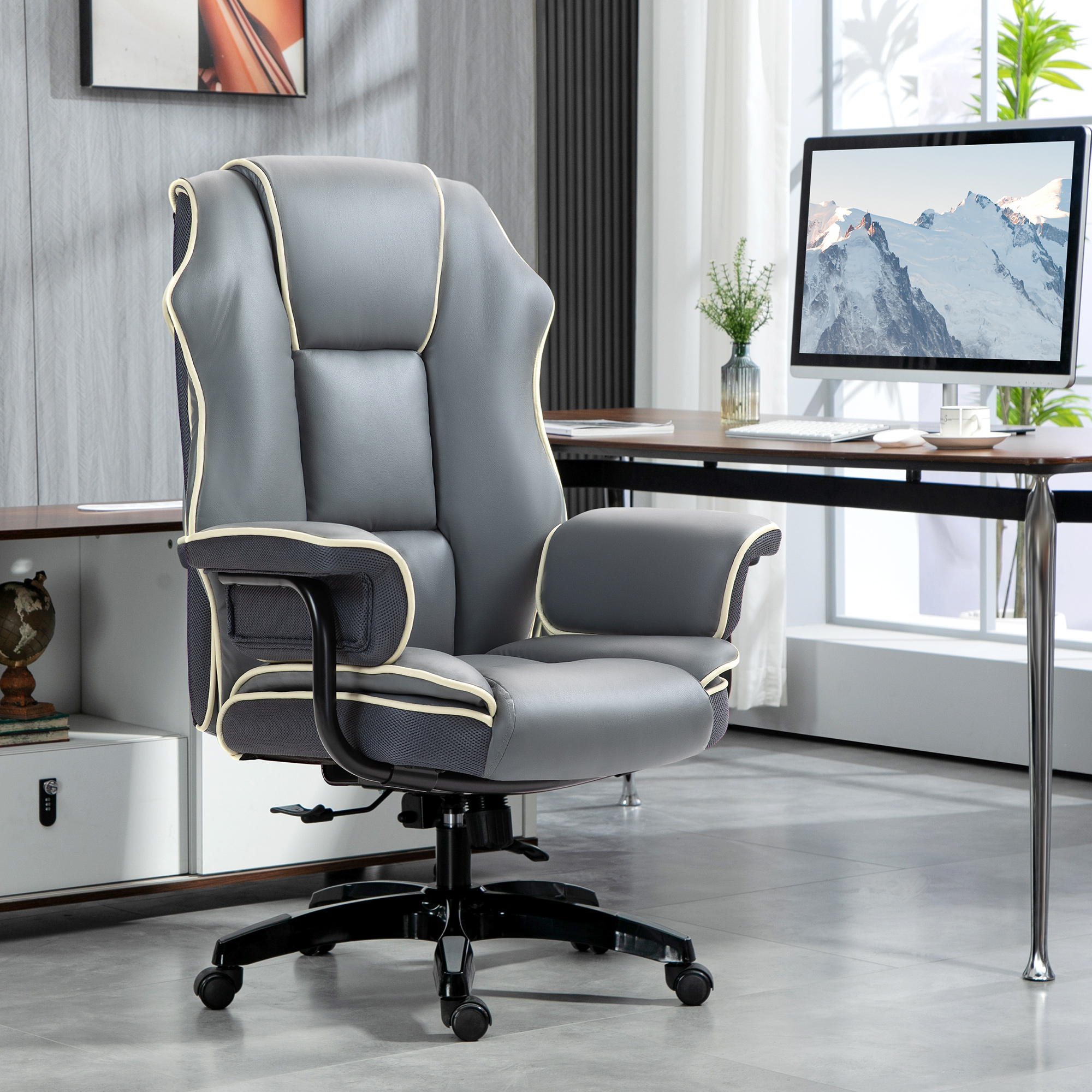 Vinsetto Faux Leather Executive Office Chair, with Contrast Piping Grey/White 2