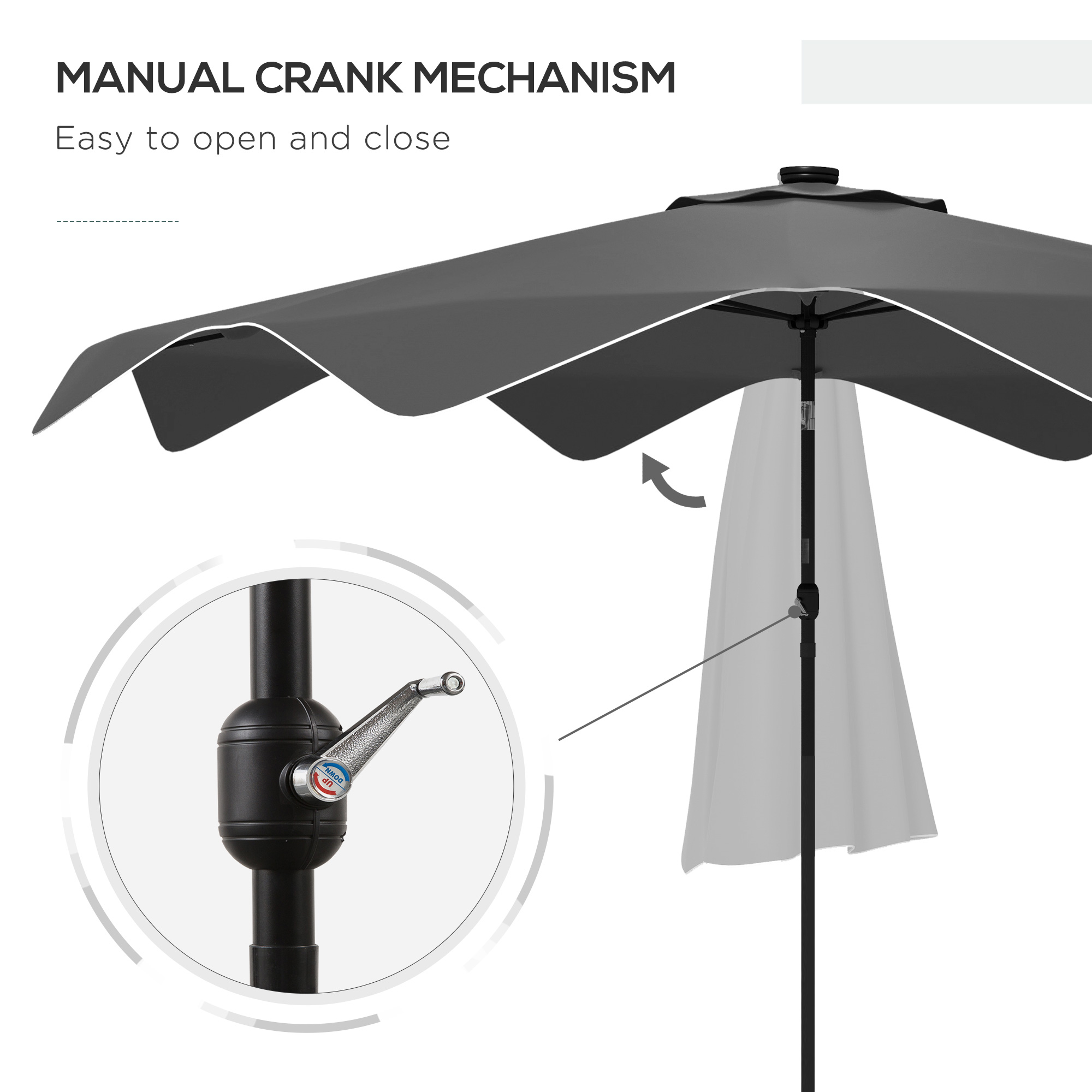 Outsunny Solar Patio Umbrella with LED and Tilt, Outdoor Market Table Umbrella Parasol with Crank, 3 x 3 (m), Dark Grey 7
