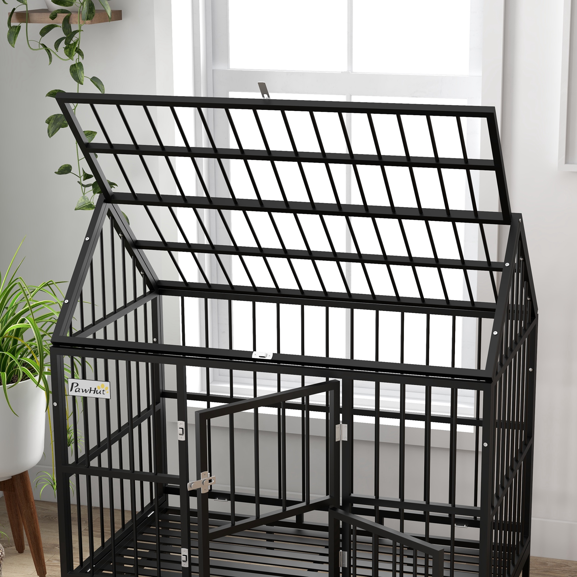 PawHut 48" Heavy Duty Dog Crate on Wheels, with Removable Tray, Openable Top, for L, XL Dogs Black 9