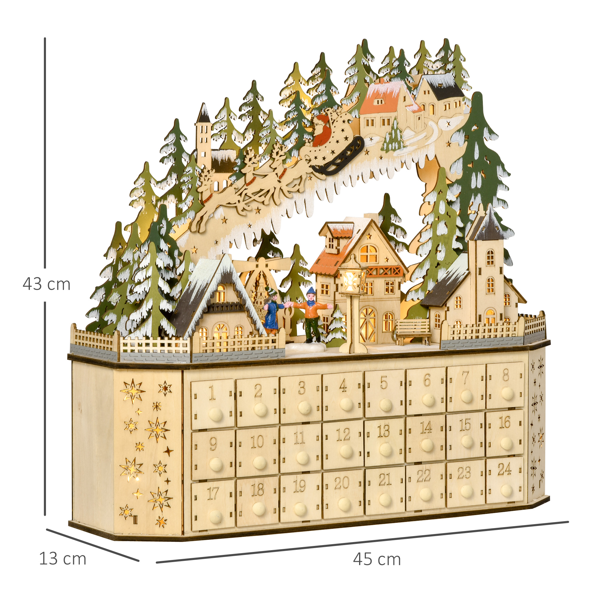 Advendikalender jõulukaunistus, 24 sahtliga, LED-tuled, 39 cm x 9 cm x 42 cm, valge + roheline
