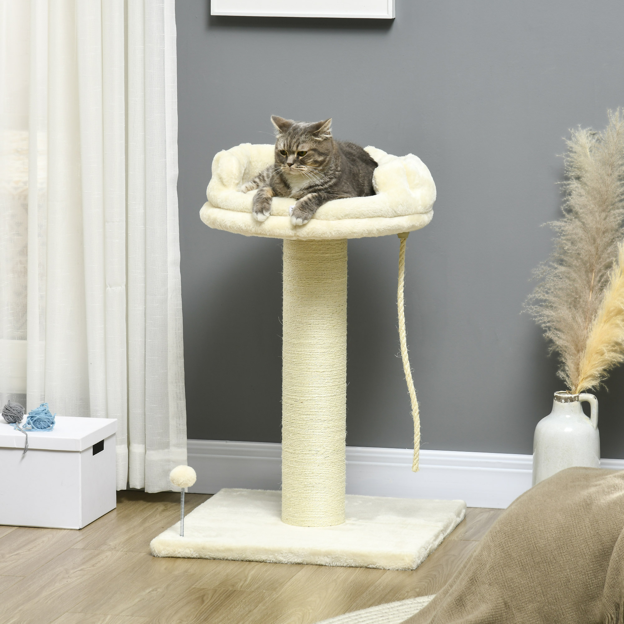 PawHut Cat Tree, with Sisal Wrapped Scratching Post Cream 2