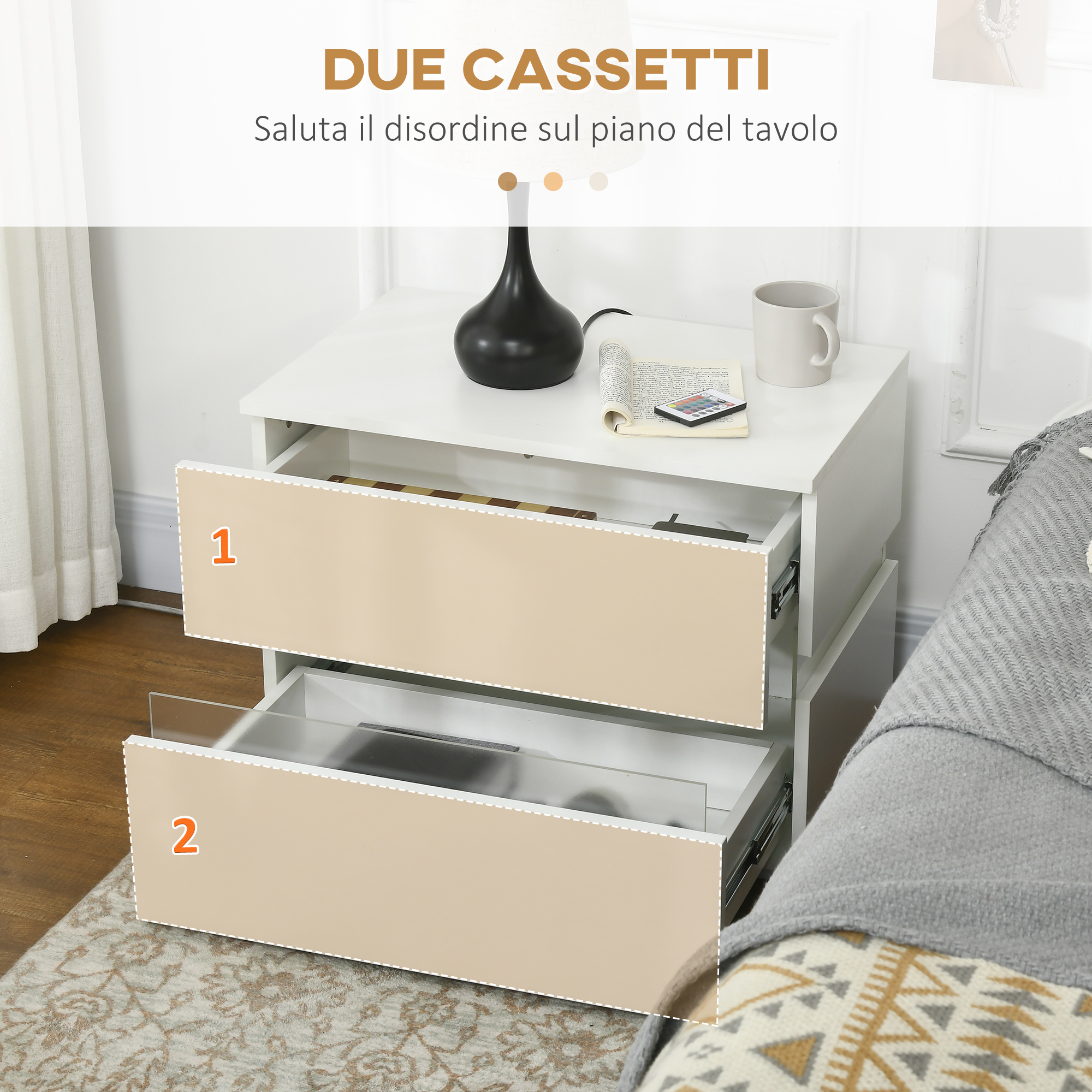 Set di 2 Comodini da Camera e Luci LED Comodino da salotto - Bianco