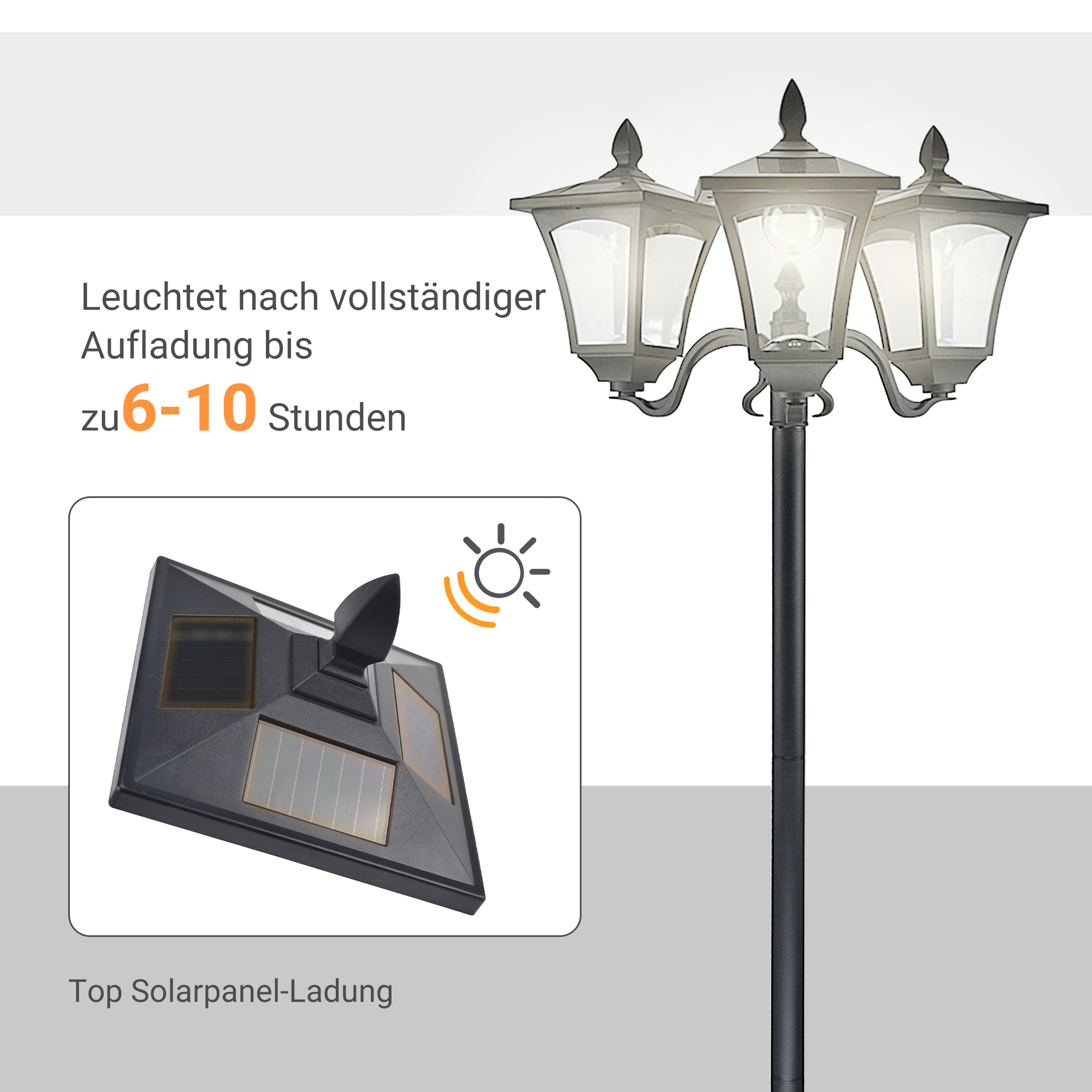 Päikeseenergial töötav aialatern 3 tulega, roostevabast terasest post, 182,5 cm kõrge, päikeseenergial töötav LED-latern õue, 120 luumenit, IP44 kaitseklass, aia või rõdu teevalgusti, must