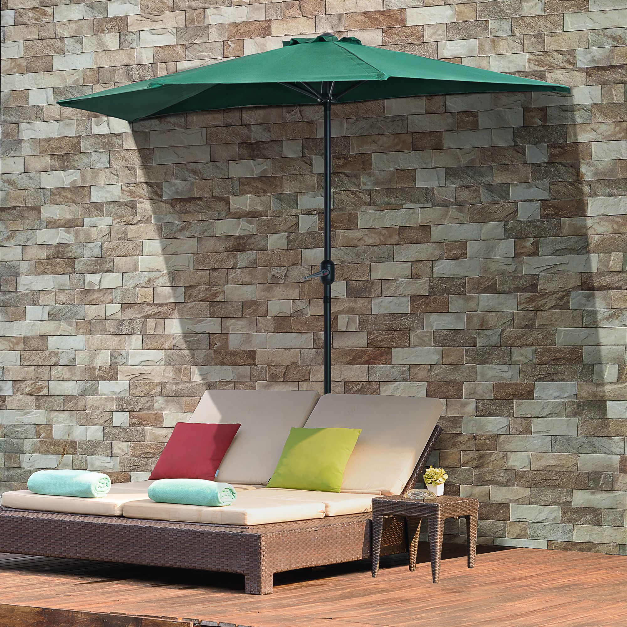 Ombrellone Da Parete Outsunny A Mezzaluna 2,6 X 1,35 M, Beige, Con Manovella E Palo In Acciaio A 2 Sezioni, 5 Stecche, Prese D'aria, Per Terrazza E Balcone