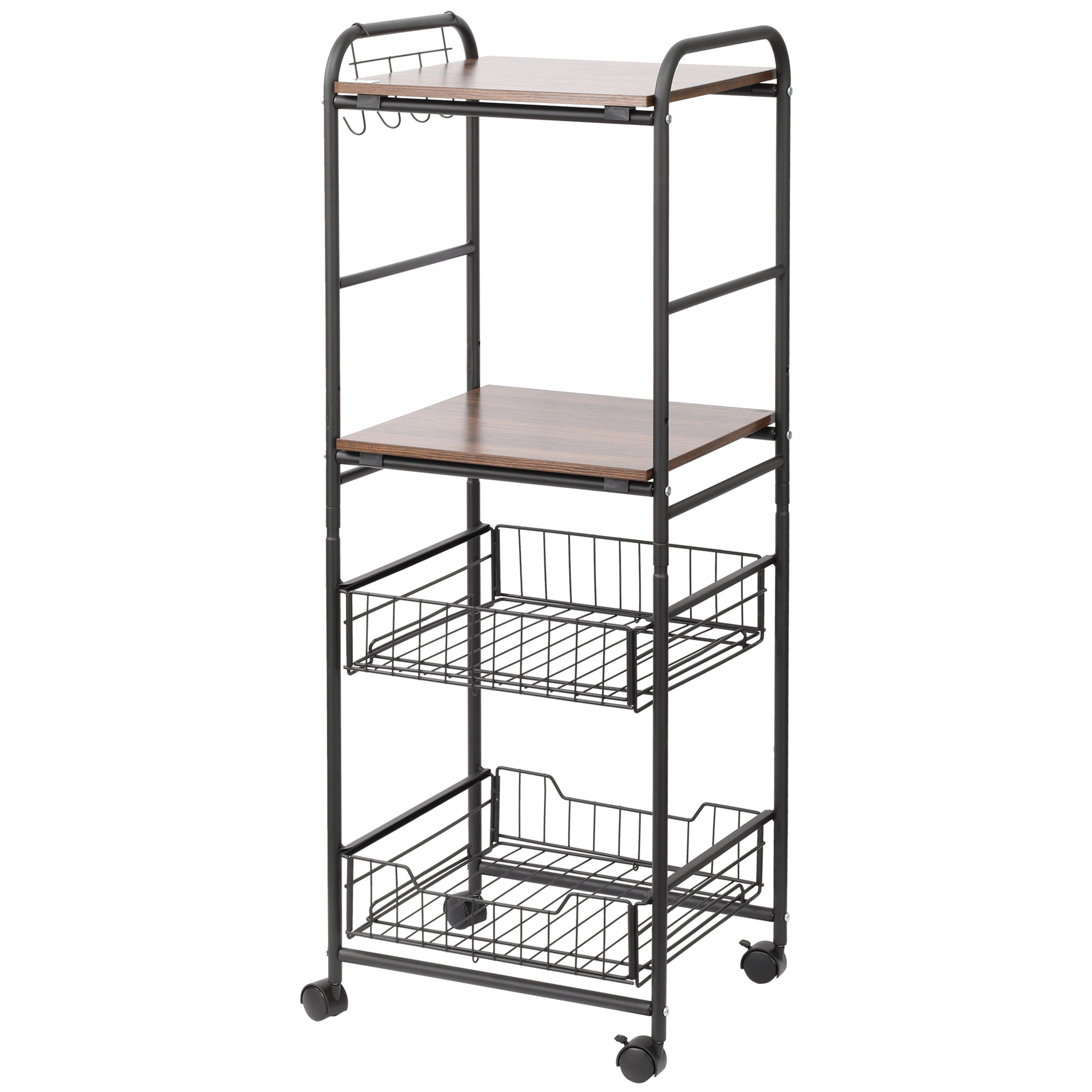 HOMCOM Carro de Cocina con Ruedas Auxiliar de Almacenaje con 2 Estantes 2 Cestas Extraíbles y 4 Ganchos 40x38x111 cm Nogal y Negro | Aosom España