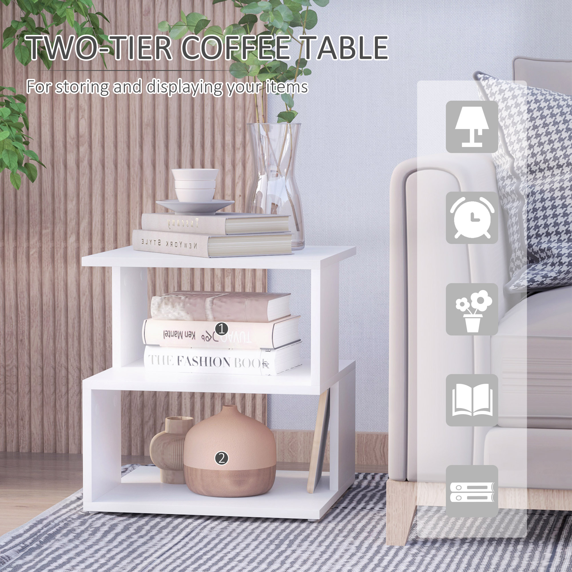 HOMCOM Side Table Square Coffee Table Modern End Table with 2 Tier Storage Shelves for Living Room, Bedroom, White 5
