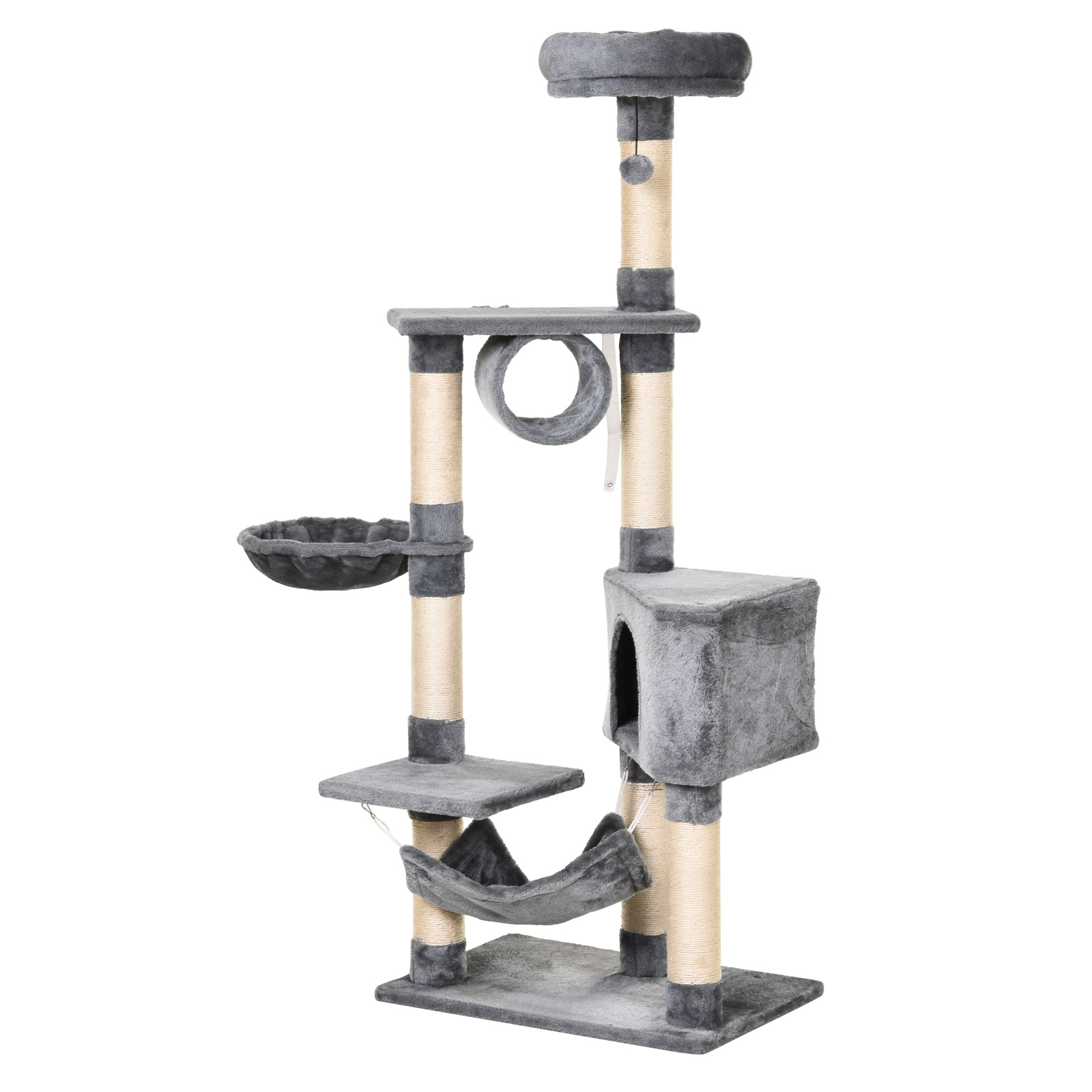 PawHut Árbol Rascador para Gatos con Plataformas Túnel Hamaca Postes de Sisal 60x40x154 cm Ideal para Afilar Garras y Descanso Gris | Aosom España